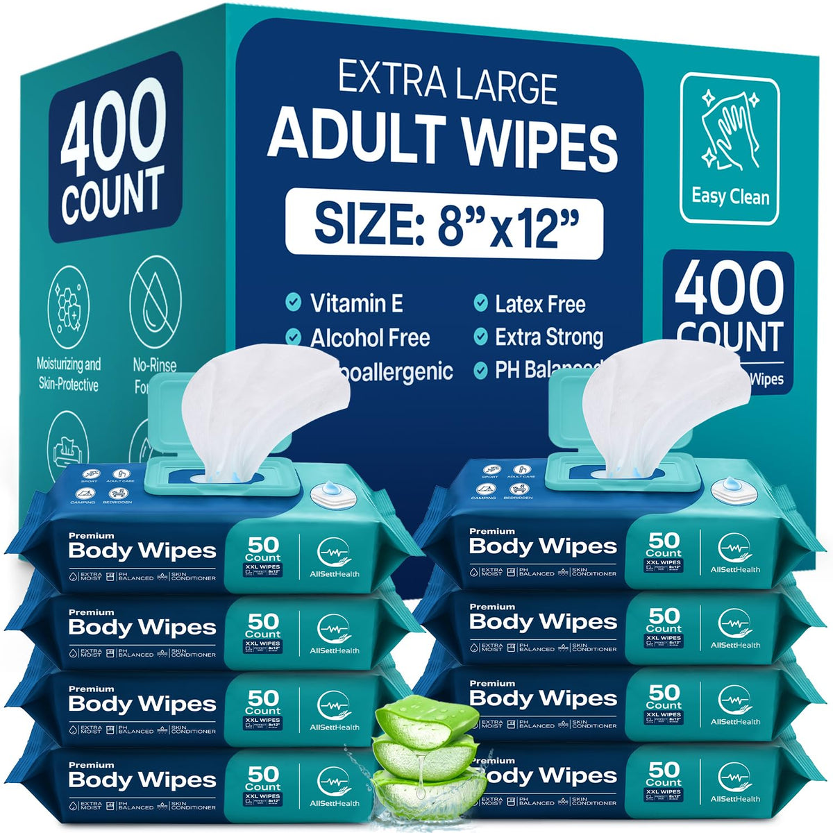 Body Wipes for Adults Bathing No Rinse - AllSett Health Official Imagery - 8