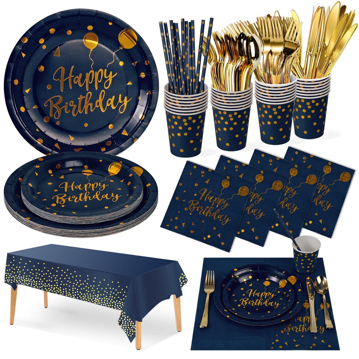 Nkaiso 161 Pcs Navy Blue Gold Birthday Plates and Napkins - Nkaiso Official Imagery - 1