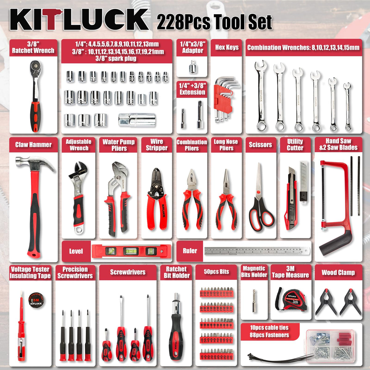 228 piece Home Tool Kit Household Hand Repair Tool Set for - KITLUCK Official Imagery - 3
