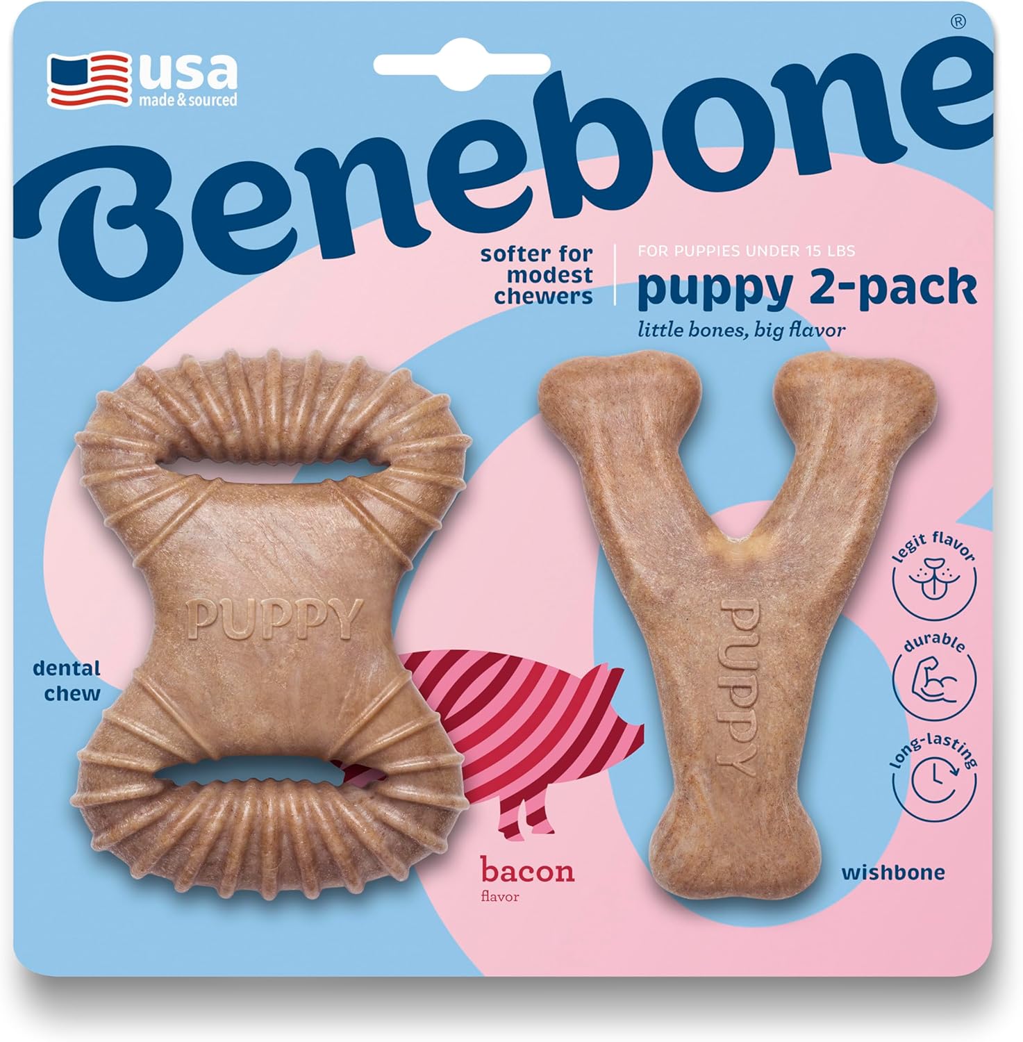 Benebone Puppy 4-Pack dog chew toys for small dogs under 30lbs, made in USA, designed for modest chewers