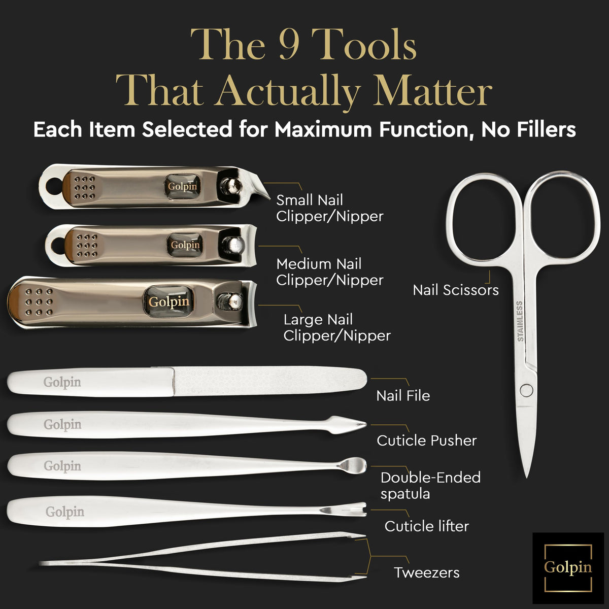 9 Pcs Manicure Set for Men Women Stainless Steel - Golpin Official Imagery - 6