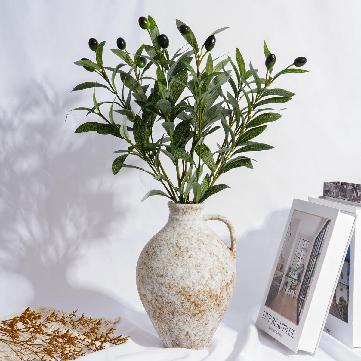 Vintage Ceramic Vase with Fake Olive Branches Farmhouse - ASHELYULLA Official Imagery - 3