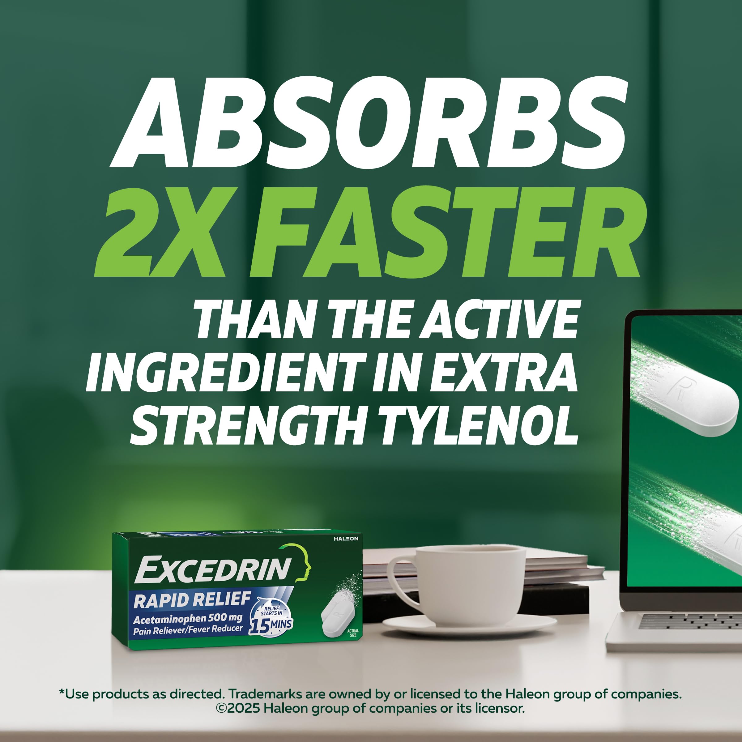 Excedrin Rapid Relief caplets with 500mg acetaminophen, 160-count medication bottle, shown in a close-up image.