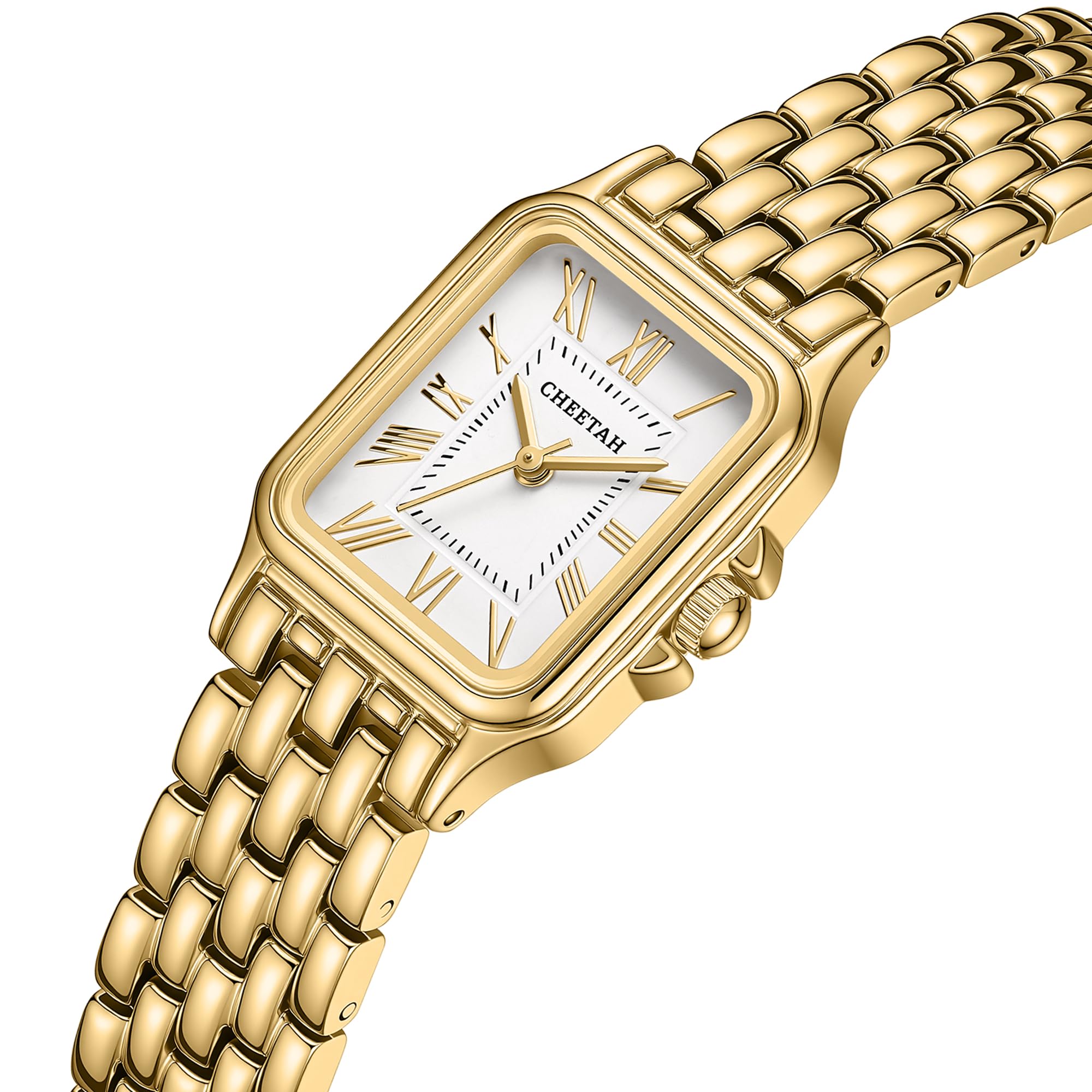 CHEETAH Gold Watches for Women with Vintage Rectangular Case,26mm Case Diameter,Gold Roman Numerals,Metal Steel Band,3ATM Waterproof