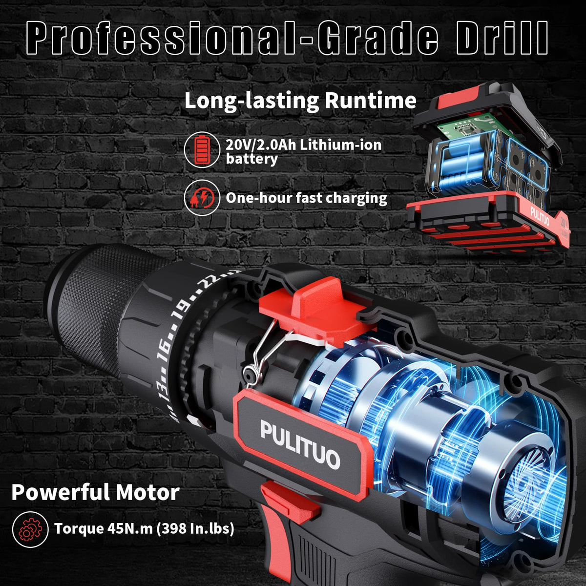 PULITUO Cordless Drill Set 20V 2 0Ah Electric Power Drill - PULITUO Official Imagery - 3