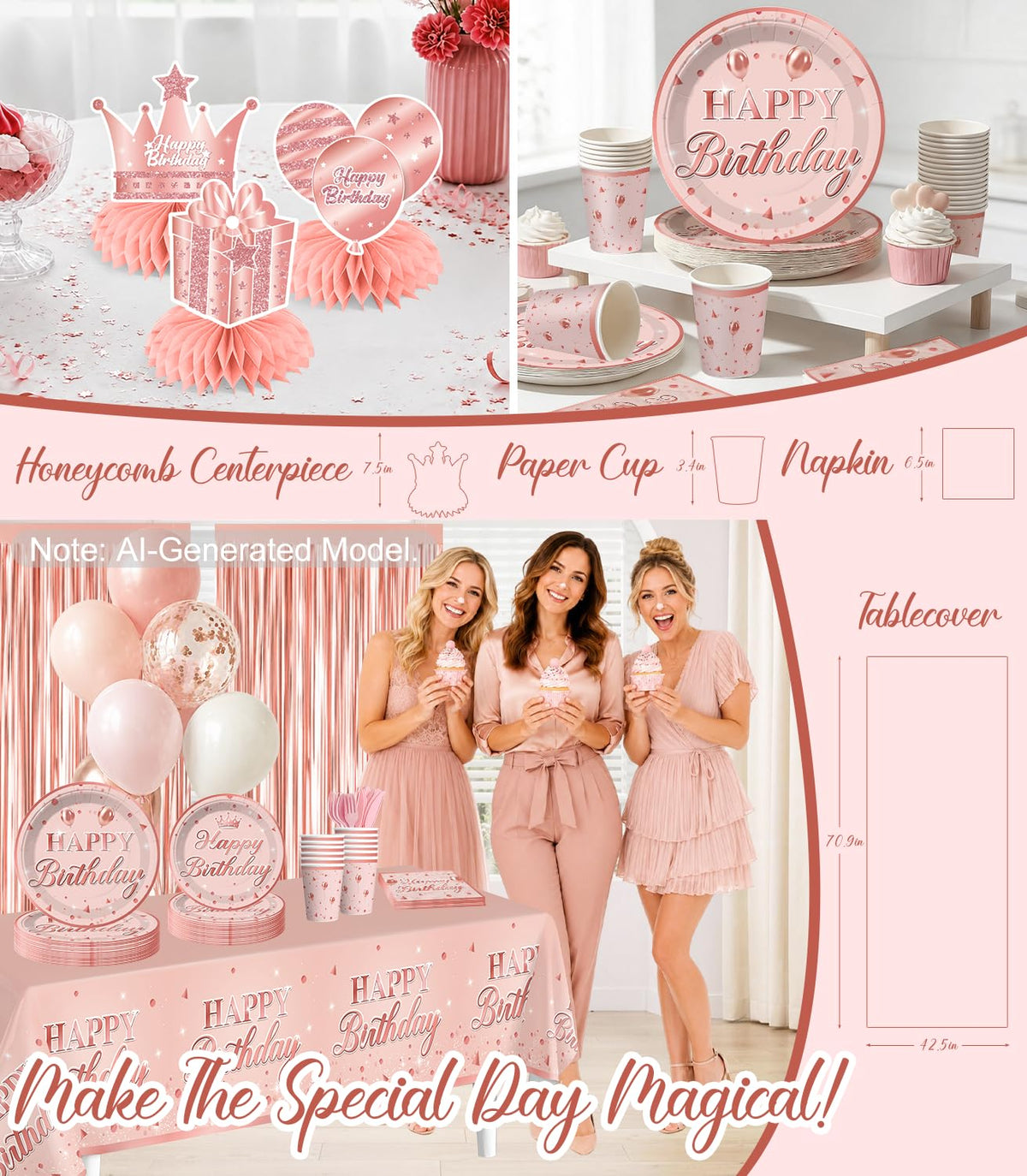 266Pcs Rose Gold Birthday Decorations All in One Set for 20 - cocomigo Official Imagery - 6