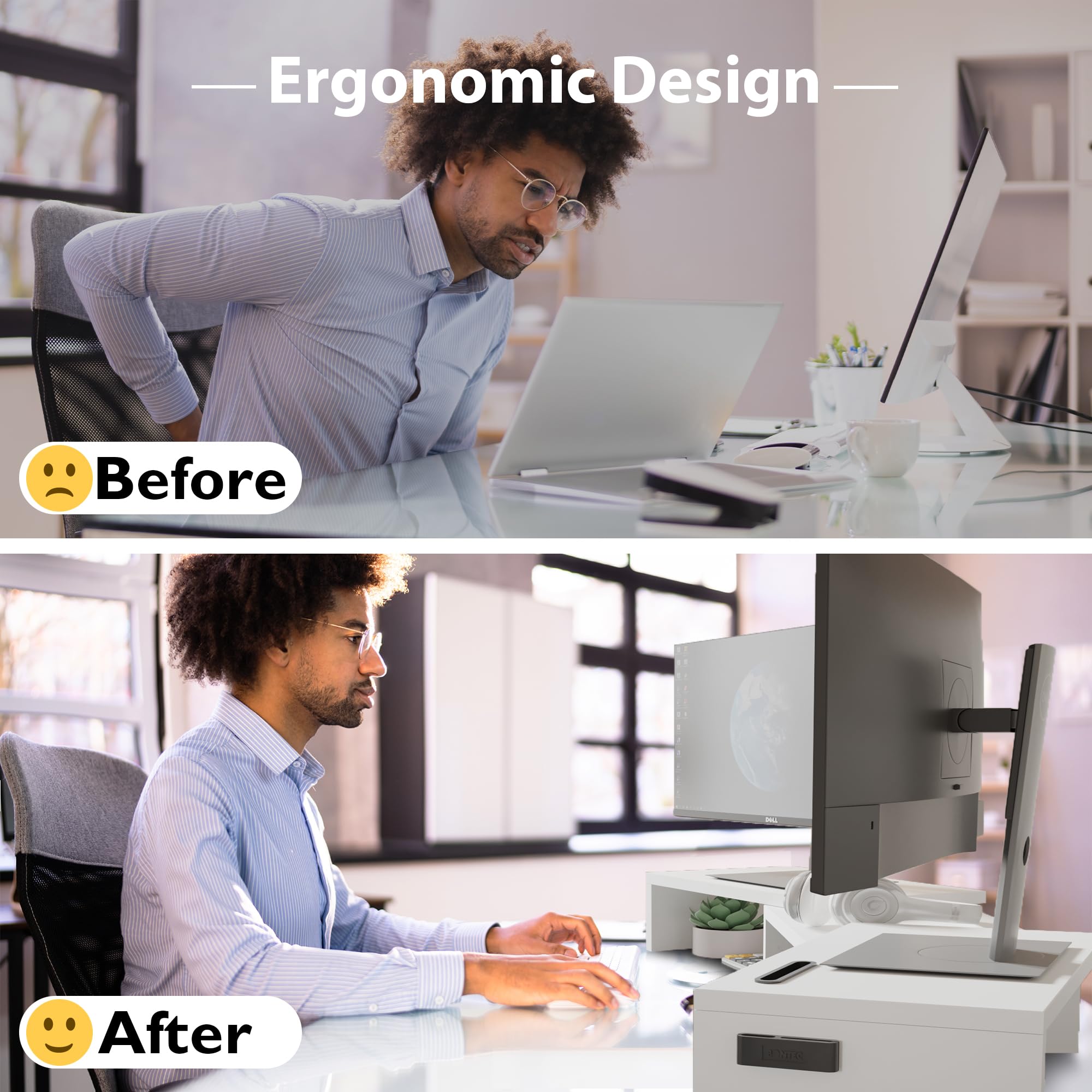 BONTEC dual monitor stand riser in white with adjustable length and swivel angle, supporting two computer monitors.