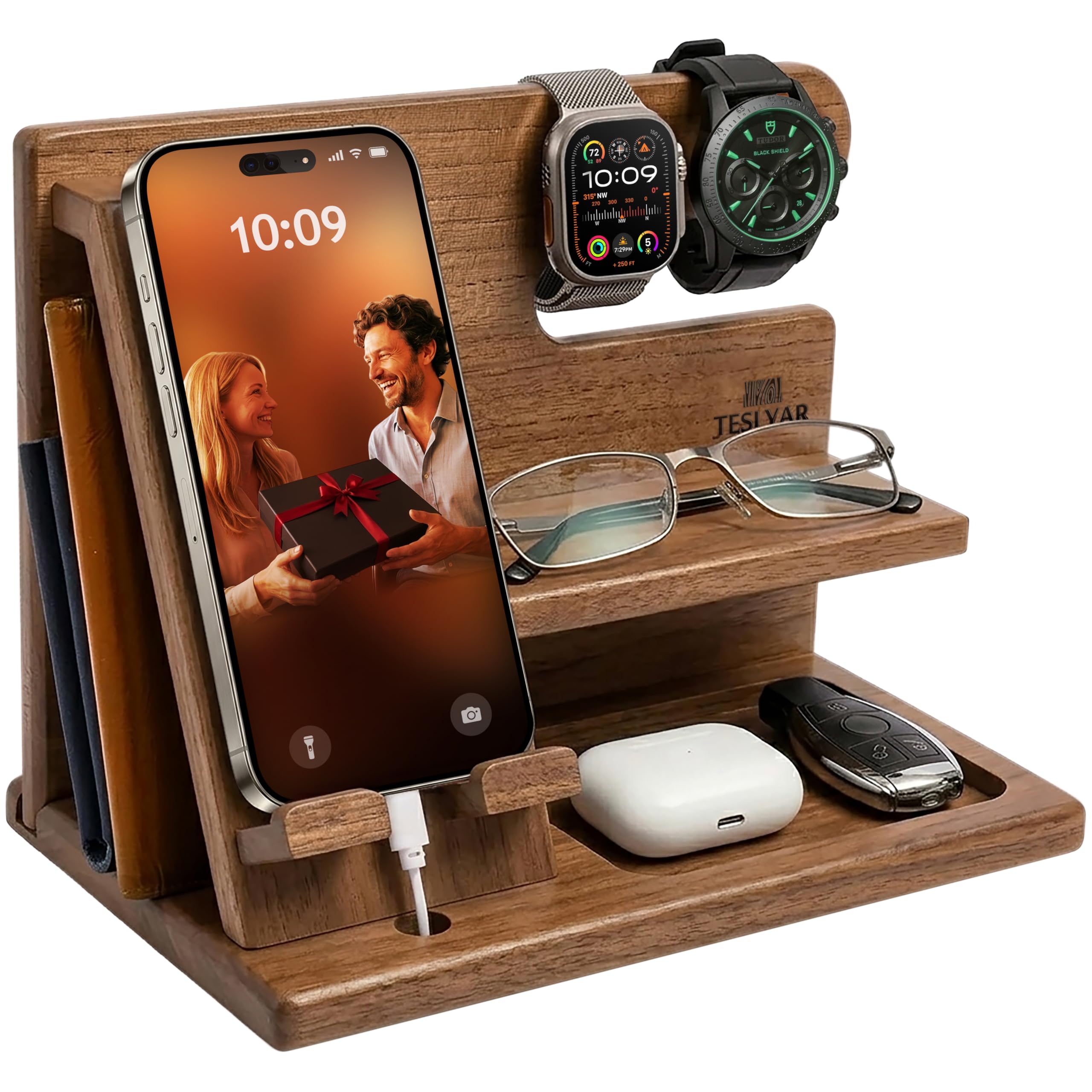 TESLYAR Wood Phone Docking Station for Men - Desktop or Nightstan - TESLYAR Official Product View 9