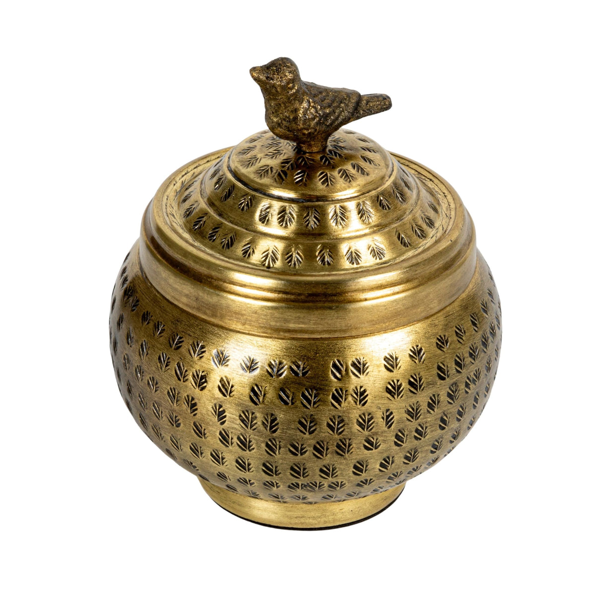 Round Hammered Metal Container with Bird Finial Brass Finish - Premium Selection Official Imagery - 2