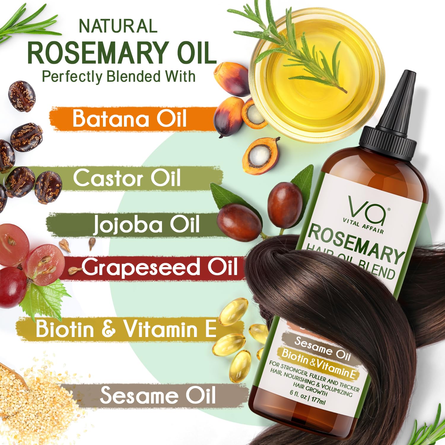 VITAL AFFAIR Blend Of Pure Rosemary Oil For Hair Growth 6 Fl Oz With Castor, - VITAL AFFAIR Official Product View 6