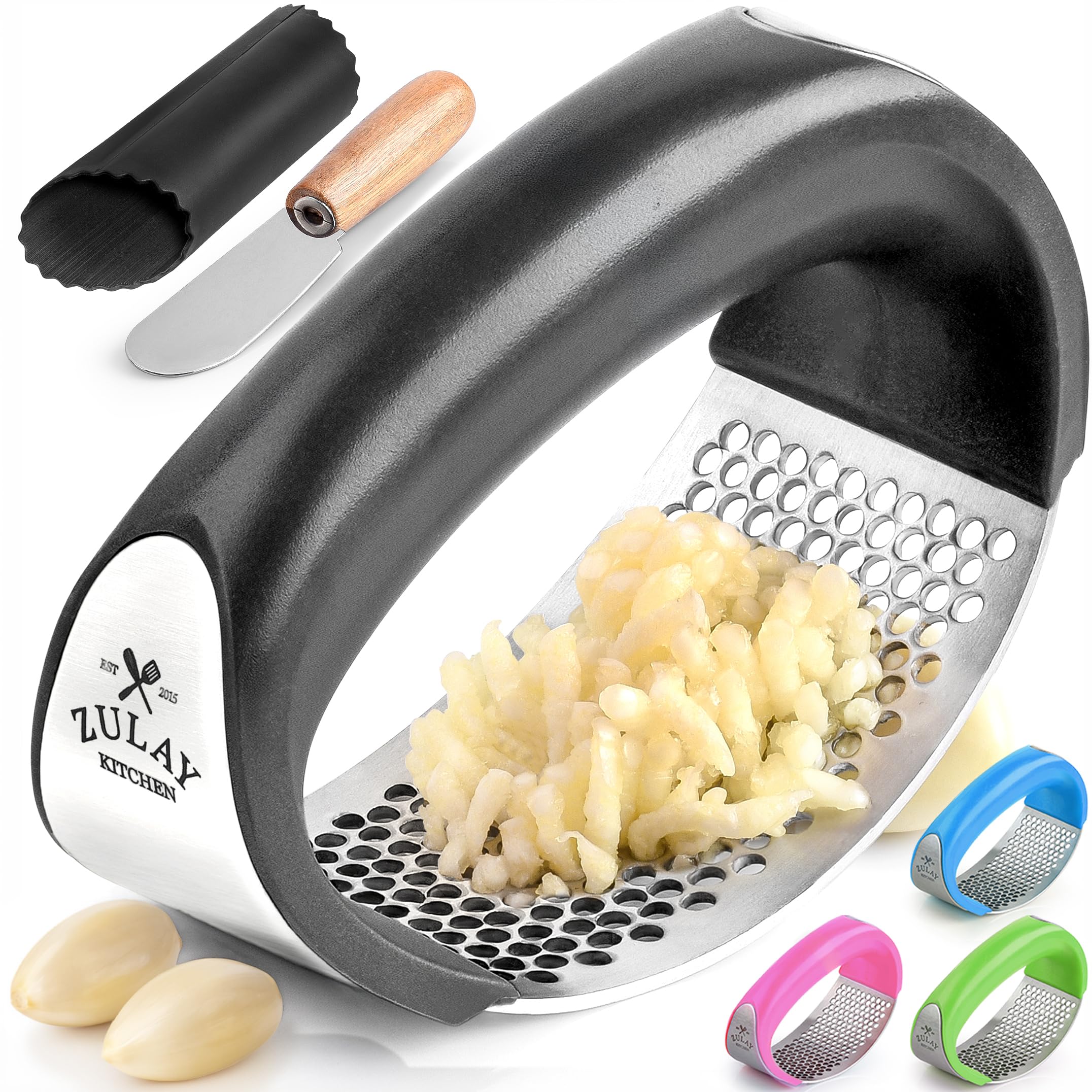Zulay Kitchen Stainless Steel Garlic Press Rocker Set - Premium - Product Imagery