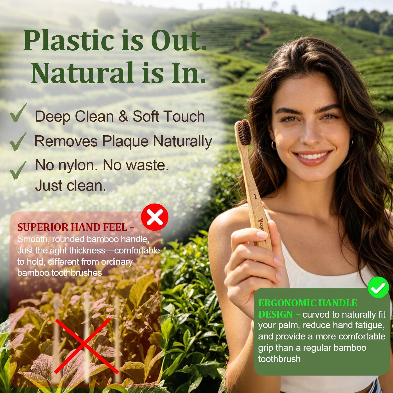 Ycquaser Bamboo Toothbrush 4-Pack | Natural Horse Bristles