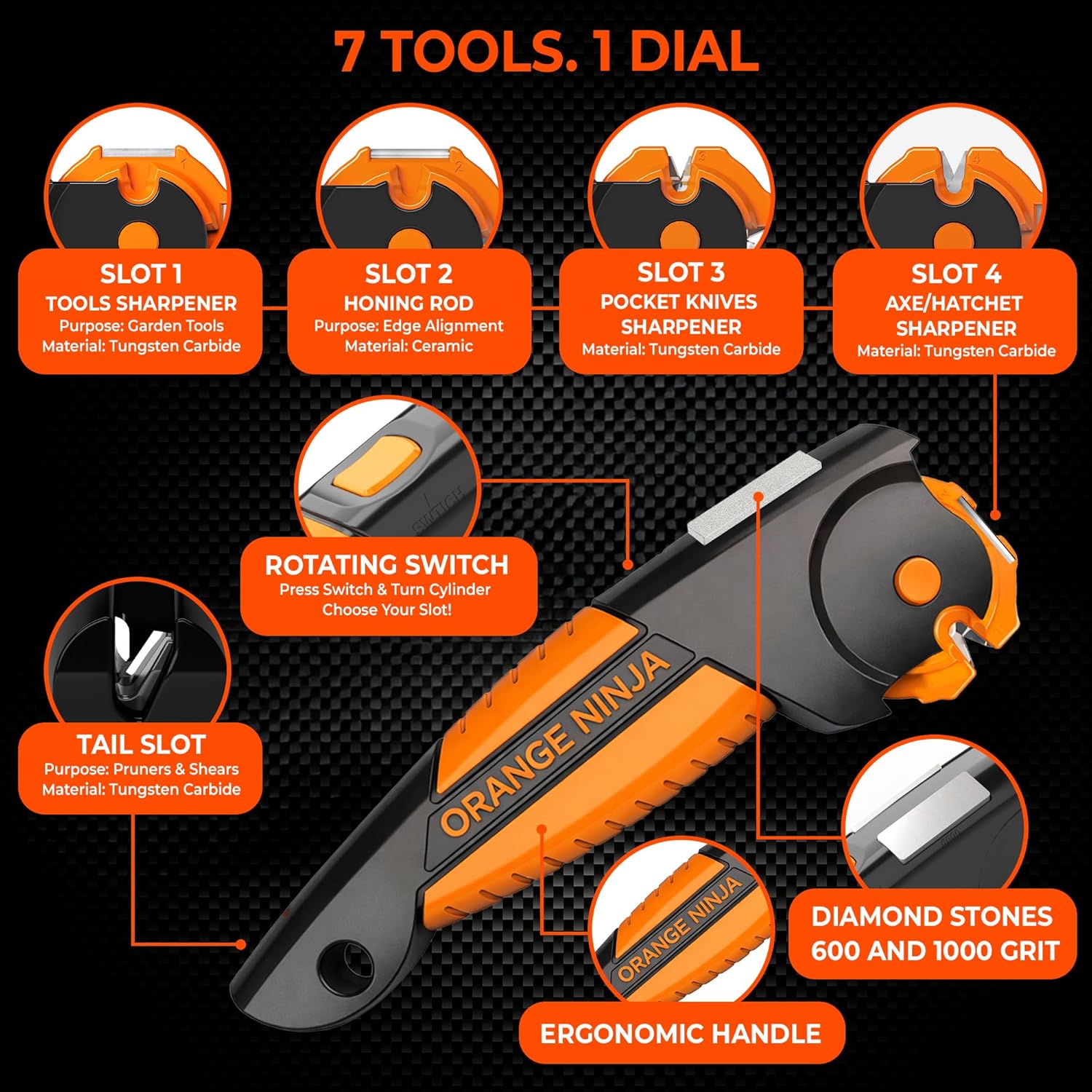 Orange Ninja 7-in-1 garden tool and knife sharpener by Sharp Pebble, used for sharpening axes, hatchets, and machetes.