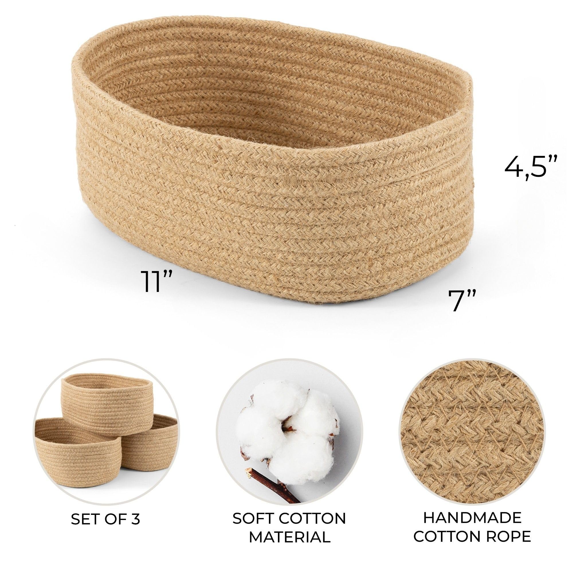 ZICOTO Beautiful Storage Basket Set of 3 - Sturdy Jute Rope Baske - ZICOTO Official Product View 2