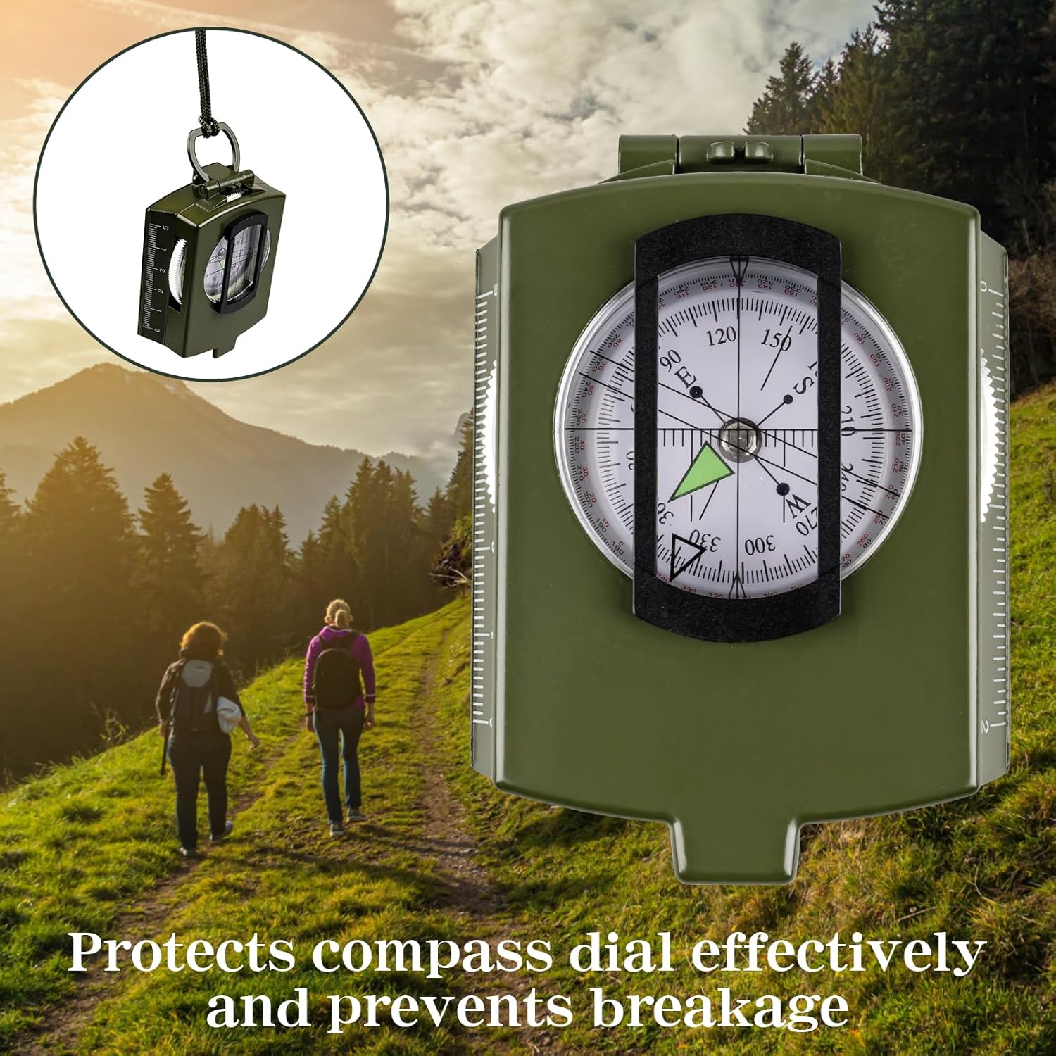 Jewheg hiking compass for survival, waterproof and durable, compact pocket compass with clear directional markings.
