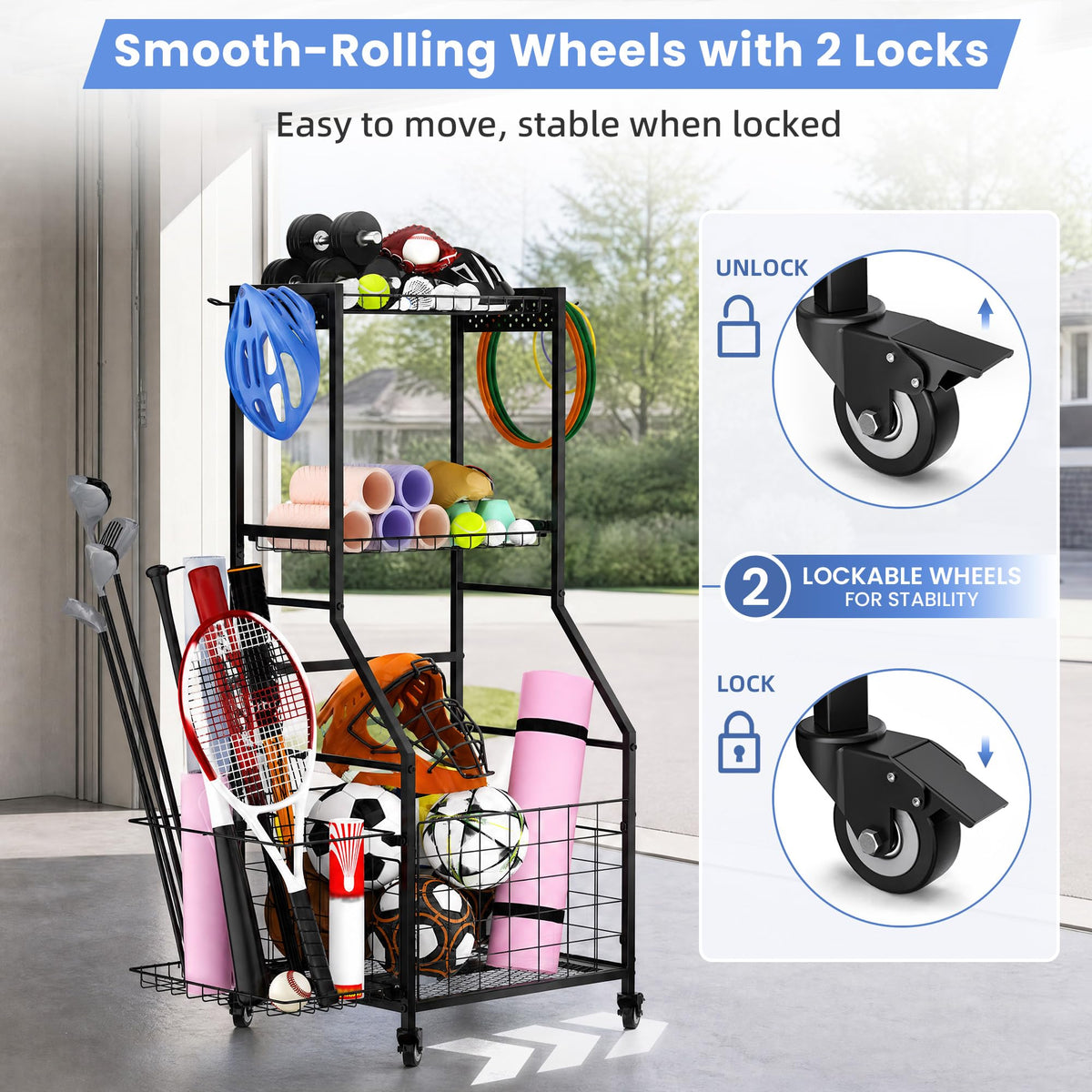 Garage Ball Storage Sports Equipment Organizer with Bat Rack - ClookRack Official Imagery - 5