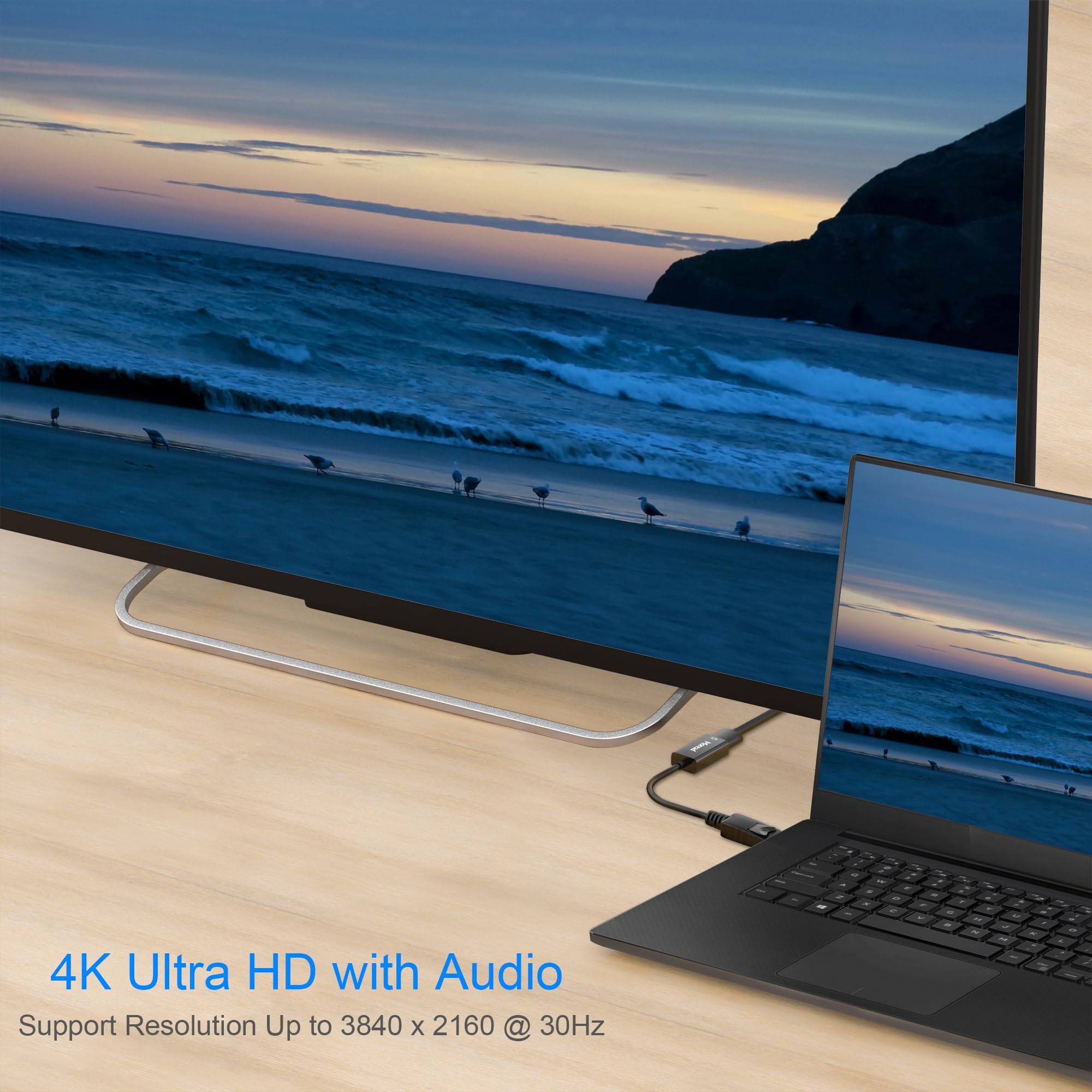 Moread 4K DisplayPort to HDMI adapter in black showing male DisplayPort connector and female HDMI port for electronic connection.