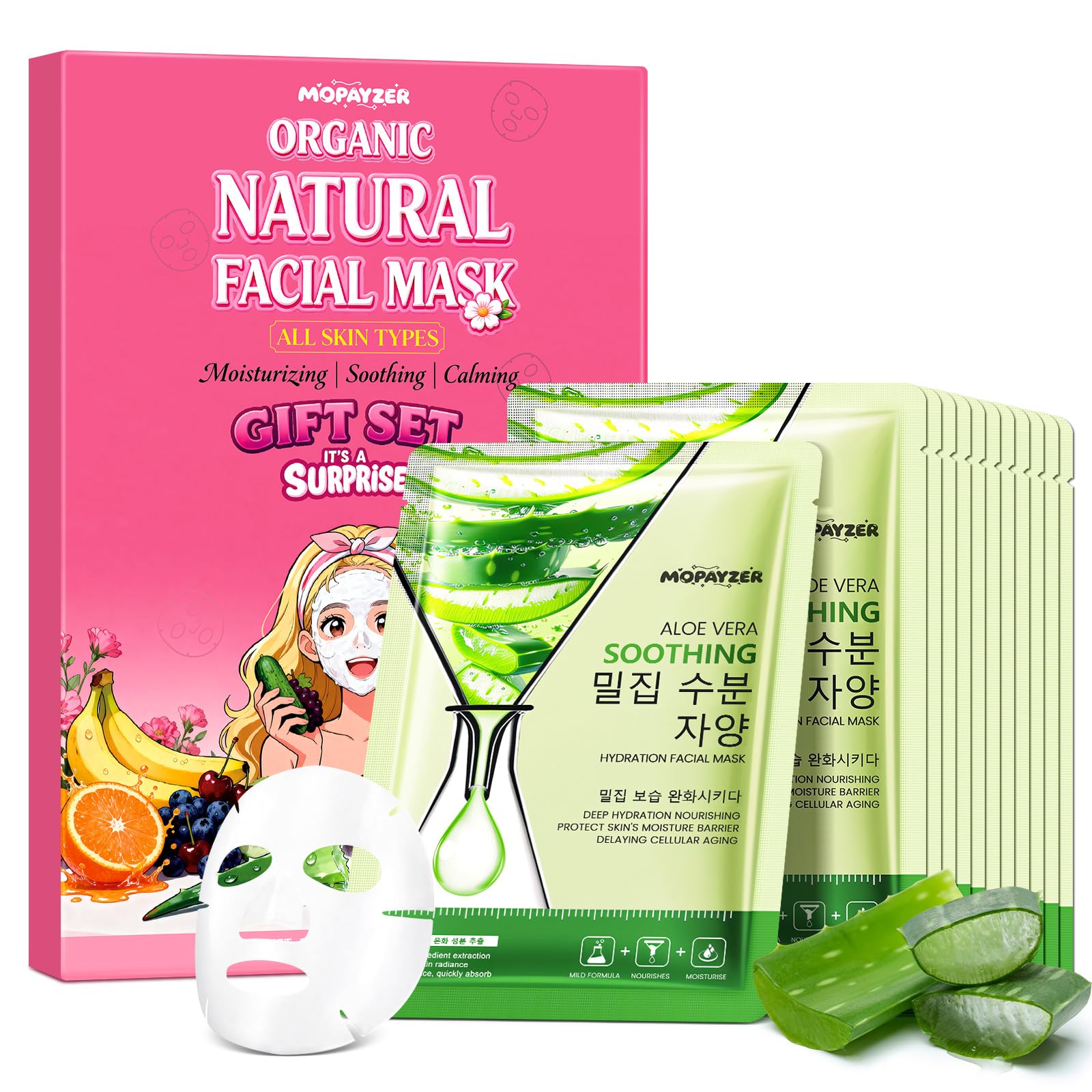 12 Pack Aloe Vera Sheet Face Masks, Hydrating Skincare Set for - Product Imagery