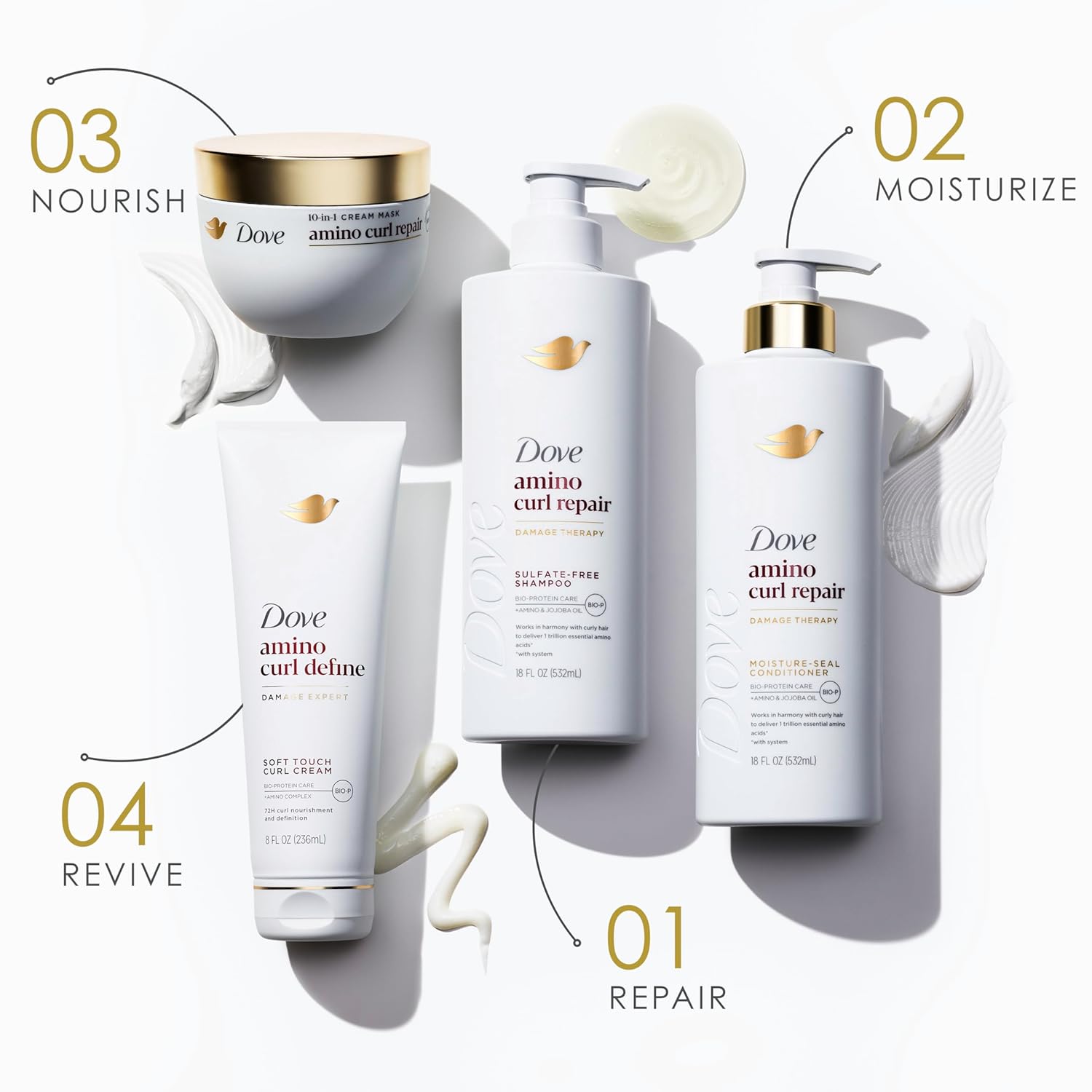 Elefair Dove Curl Regimen pack with shampoo, conditioner, and mask for curly hair, featuring amino curl nourishing formulas.