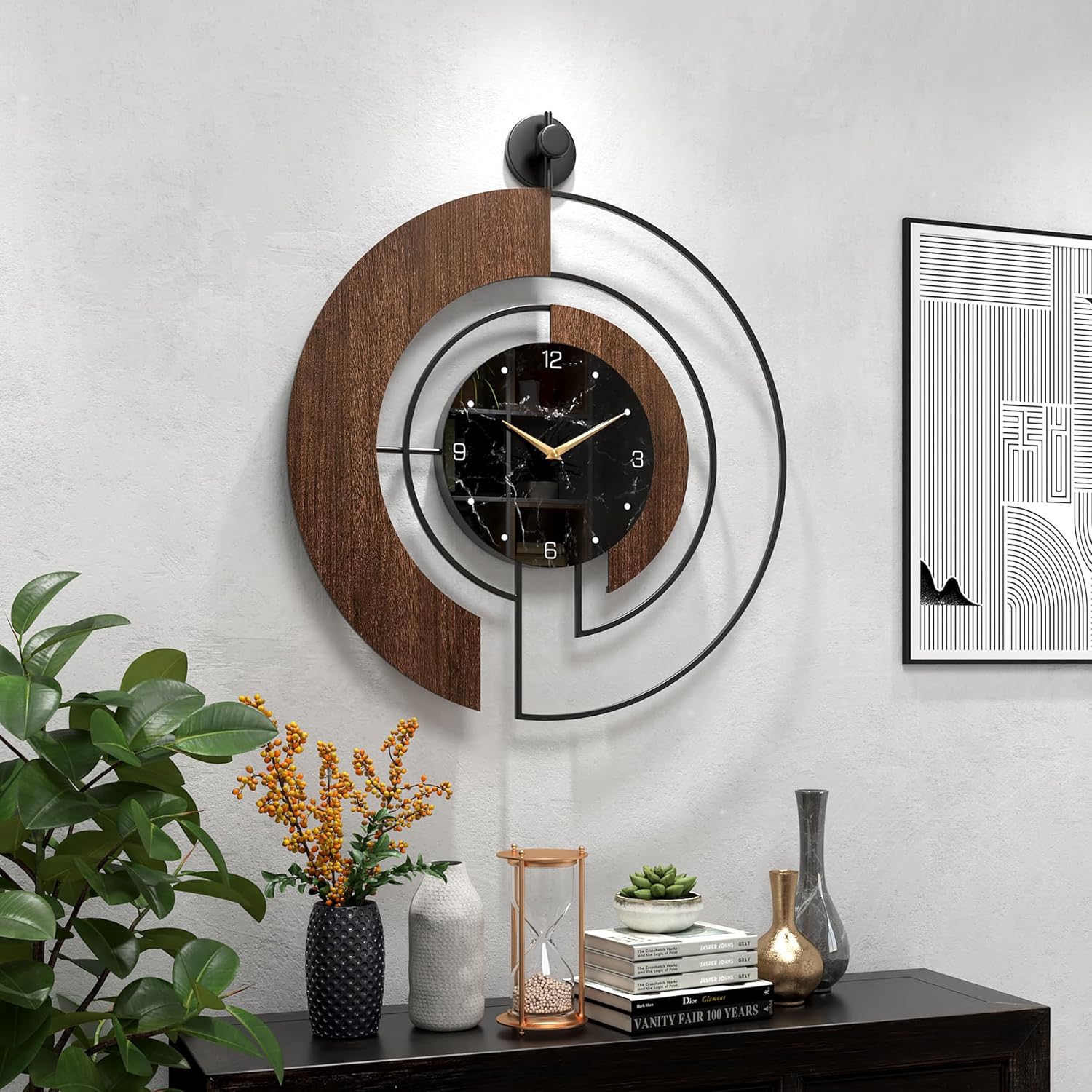 Modern walnut and marble dial wall clock by VIVIFLYSE featuring a large wood and metal frame, silent movement.