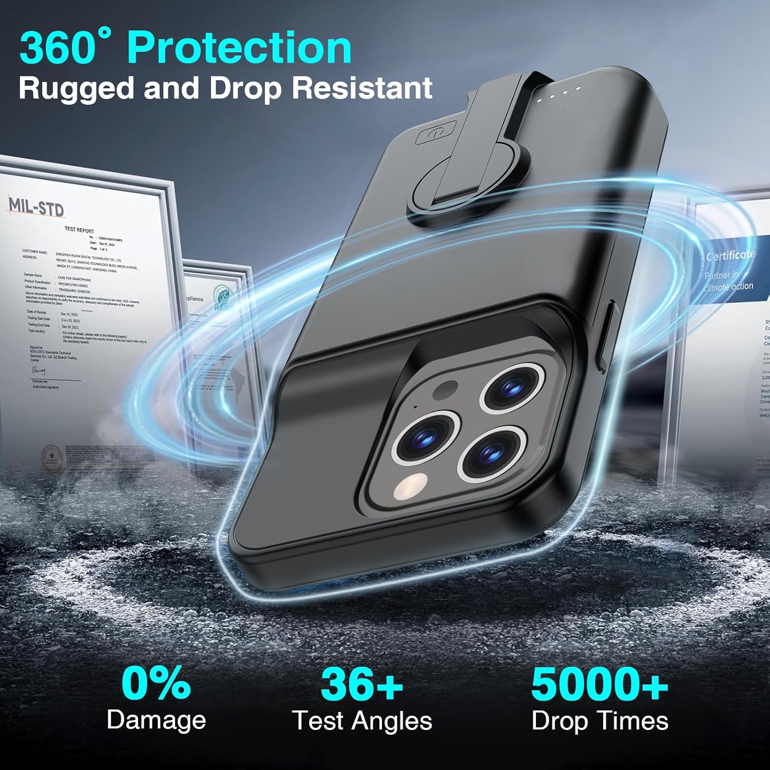 BOPPS iPhone 16 Pro battery case with stand, slim 8500mAh portable power bank and protective cover for smartphone.