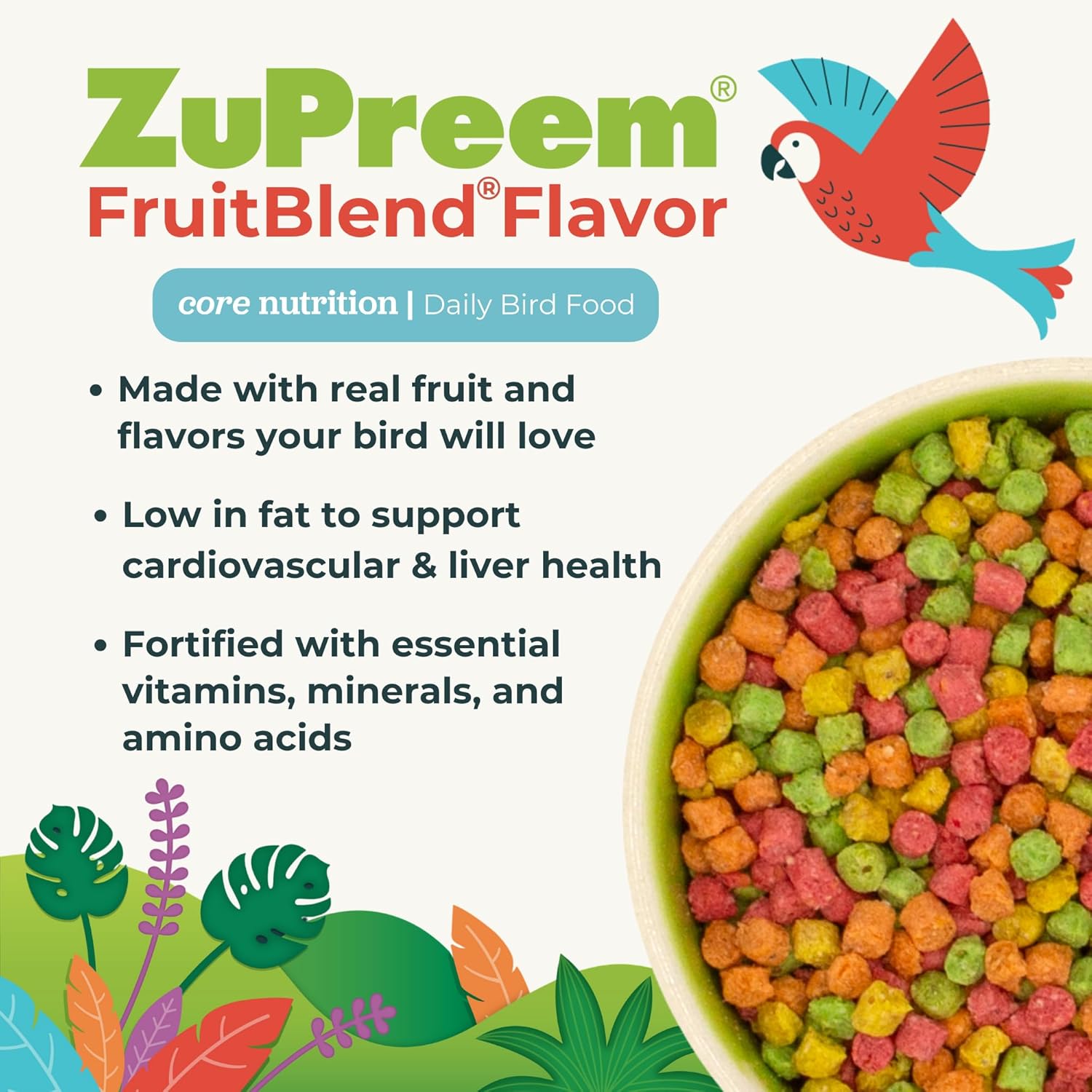 ZuPreem FruitBlend Flavor bird food packaging with a bowl of colorful pellets and a parrot illustration.
