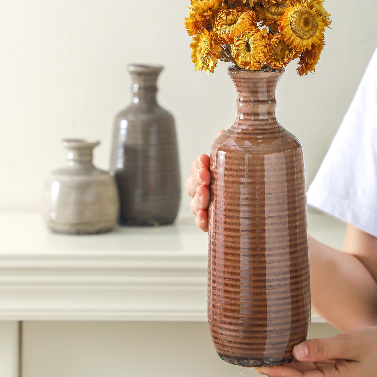 Ceramic Vases Set of 3 Neutral Rustic Farmhouse Vases Home - ooit Official Imagery - 3