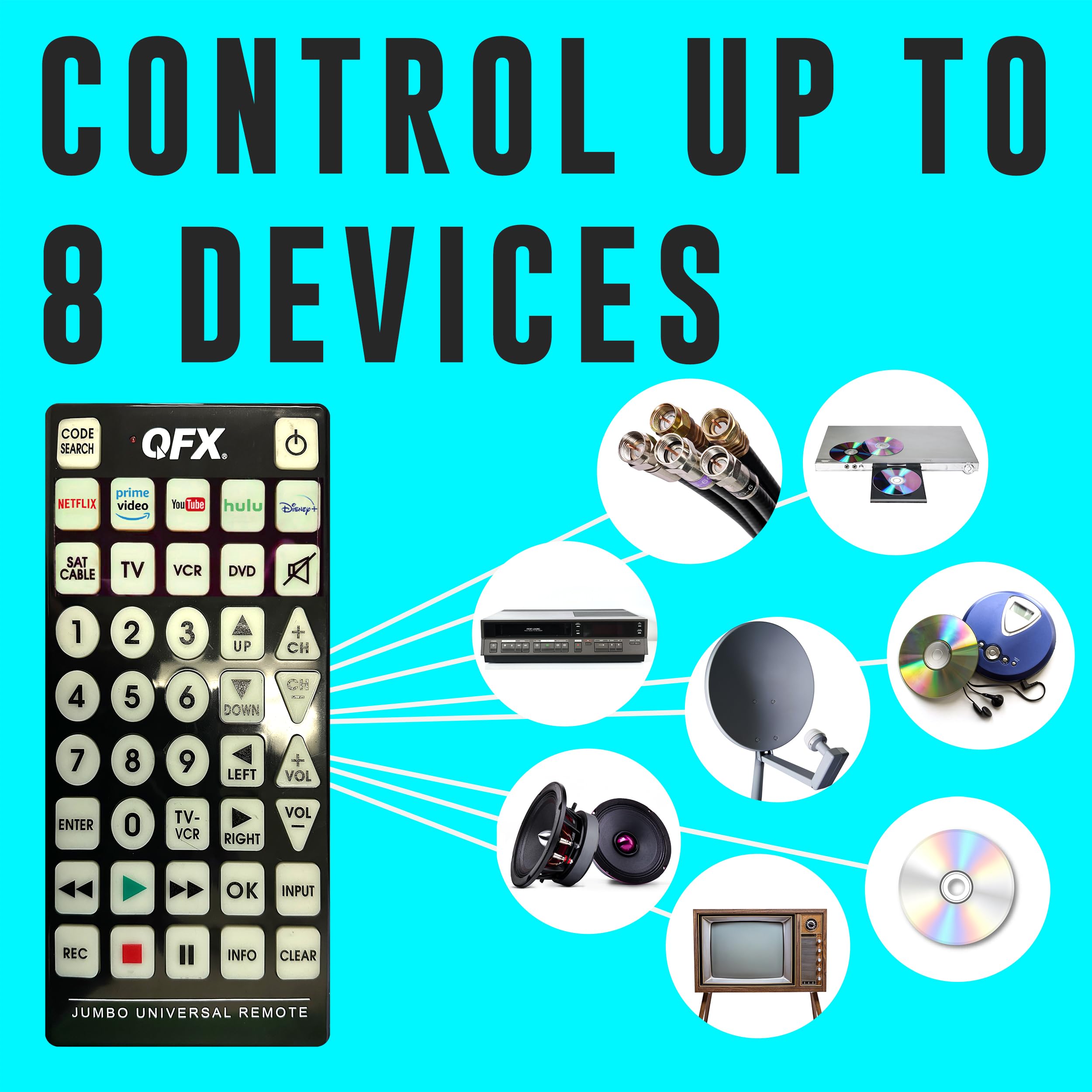 QFX REM-115 8 in 1 Large Jumbo Universal Remote Control for RCA, by QFX - Angle View 7