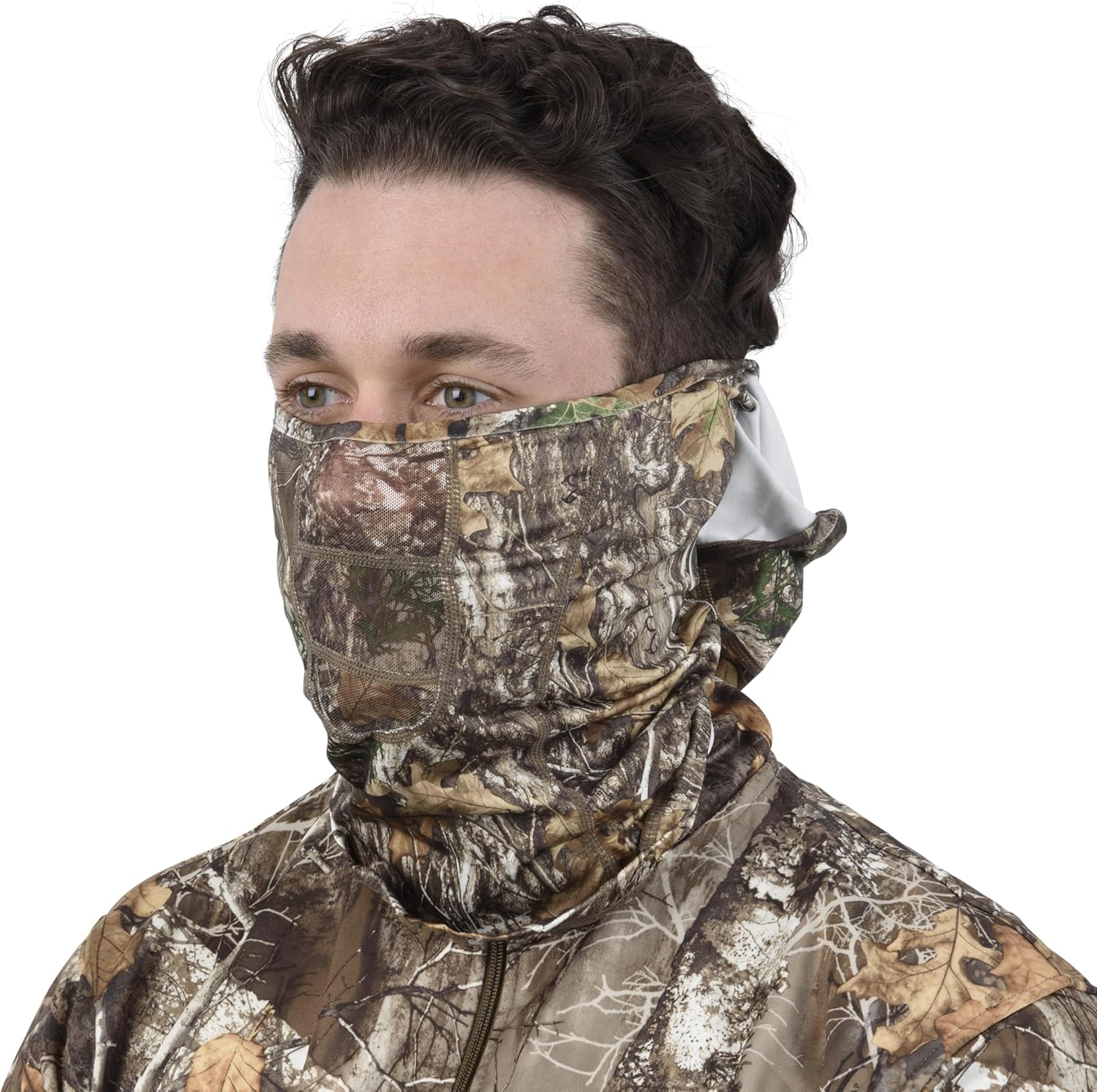 Allen Company Vanish stretch-fit camouflage balaclava, hunting face cover in camo pattern, designed for outdoor concealment.