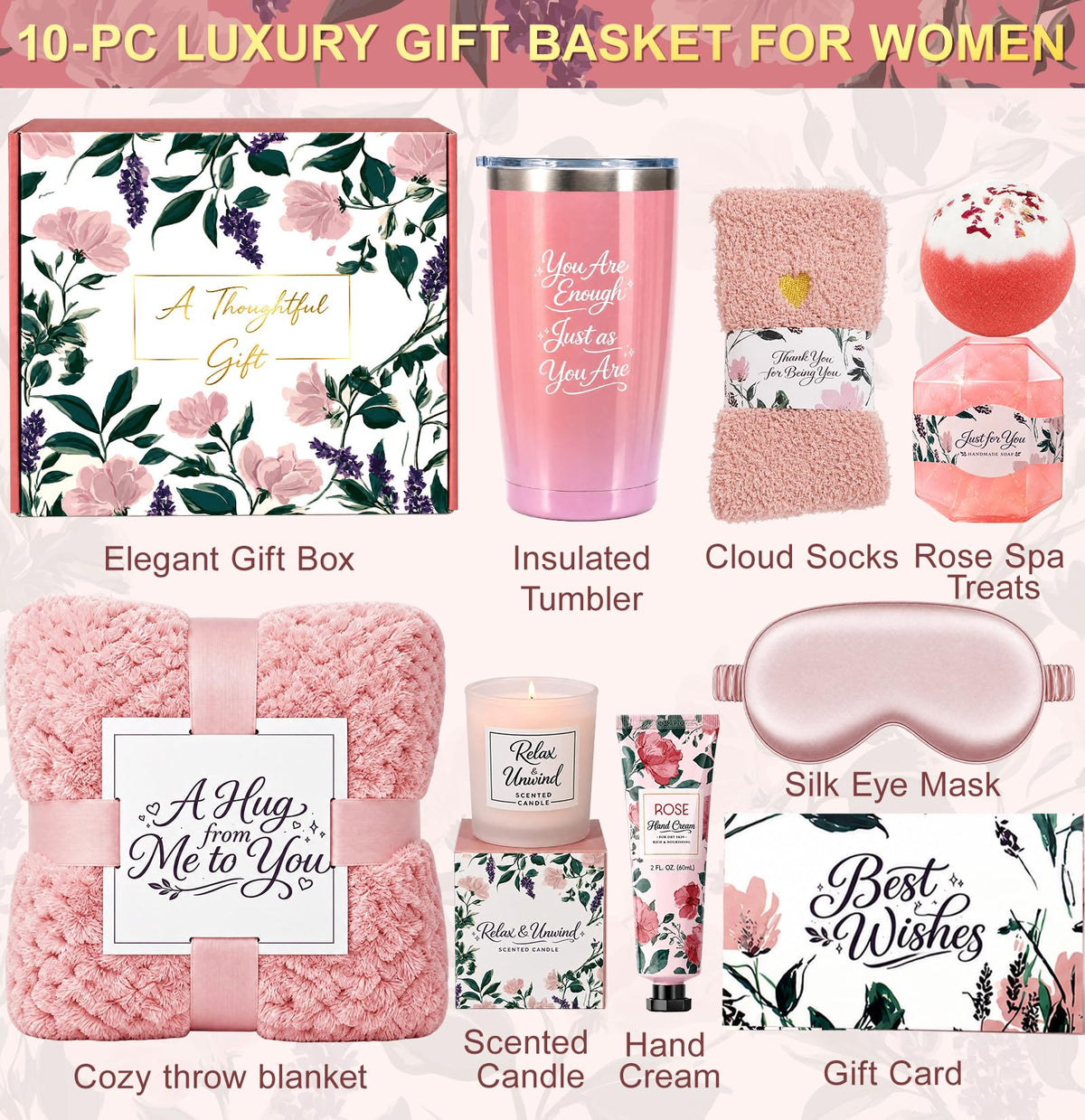 Birthday Gifts for Women 10 Piece Self Care Spa Gift Basket - BodyRefresh Official Imagery - 3