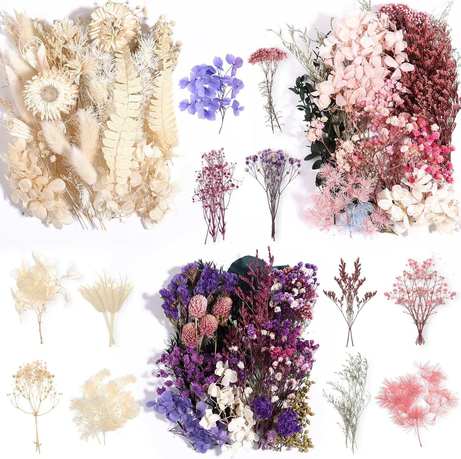 Mixed color dried flowers and leaves from Comkrivy, showcasing natural, preserved botanical elements for decoration or craft use.
