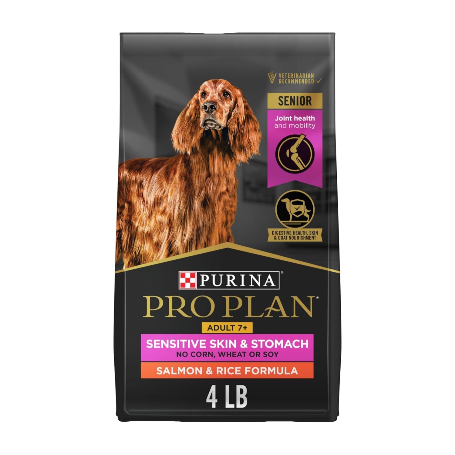 Elefair Purina Pro Plan Sensitive Skin and Stomach dry dog food bag for senior adult dogs with salmon and rice formula, 4 lb.