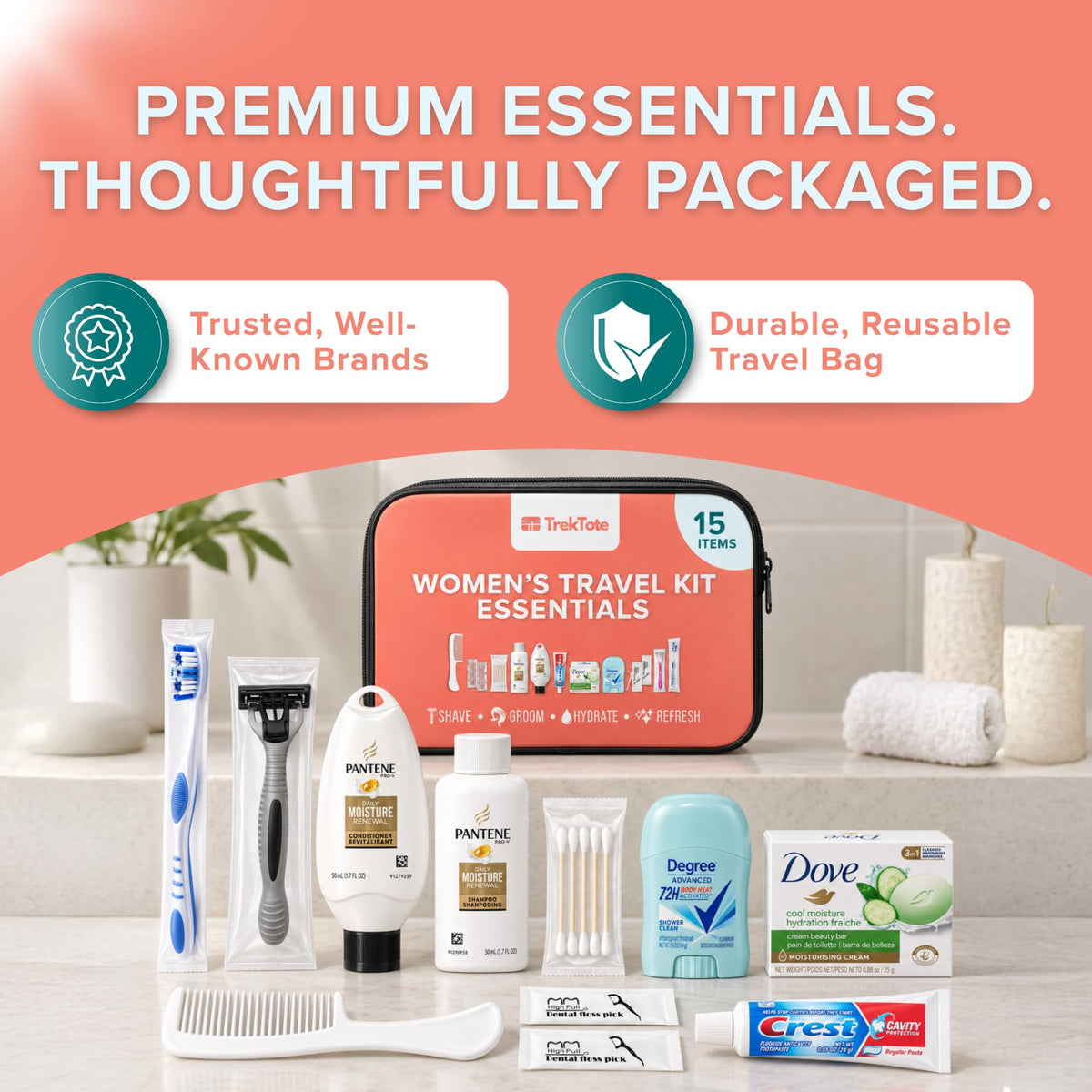 Hygiene Kits Bulk 25 Pack Womens Travel Size Toiletries for - TREKTOTE Official Imagery - 4