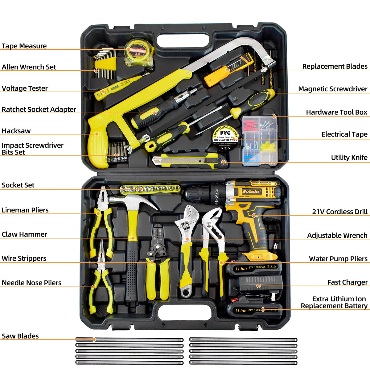 165 Piece Home Tool Kit with Drill 21V Cordless Drill Tool - SOLUDE Official Imagery - 3