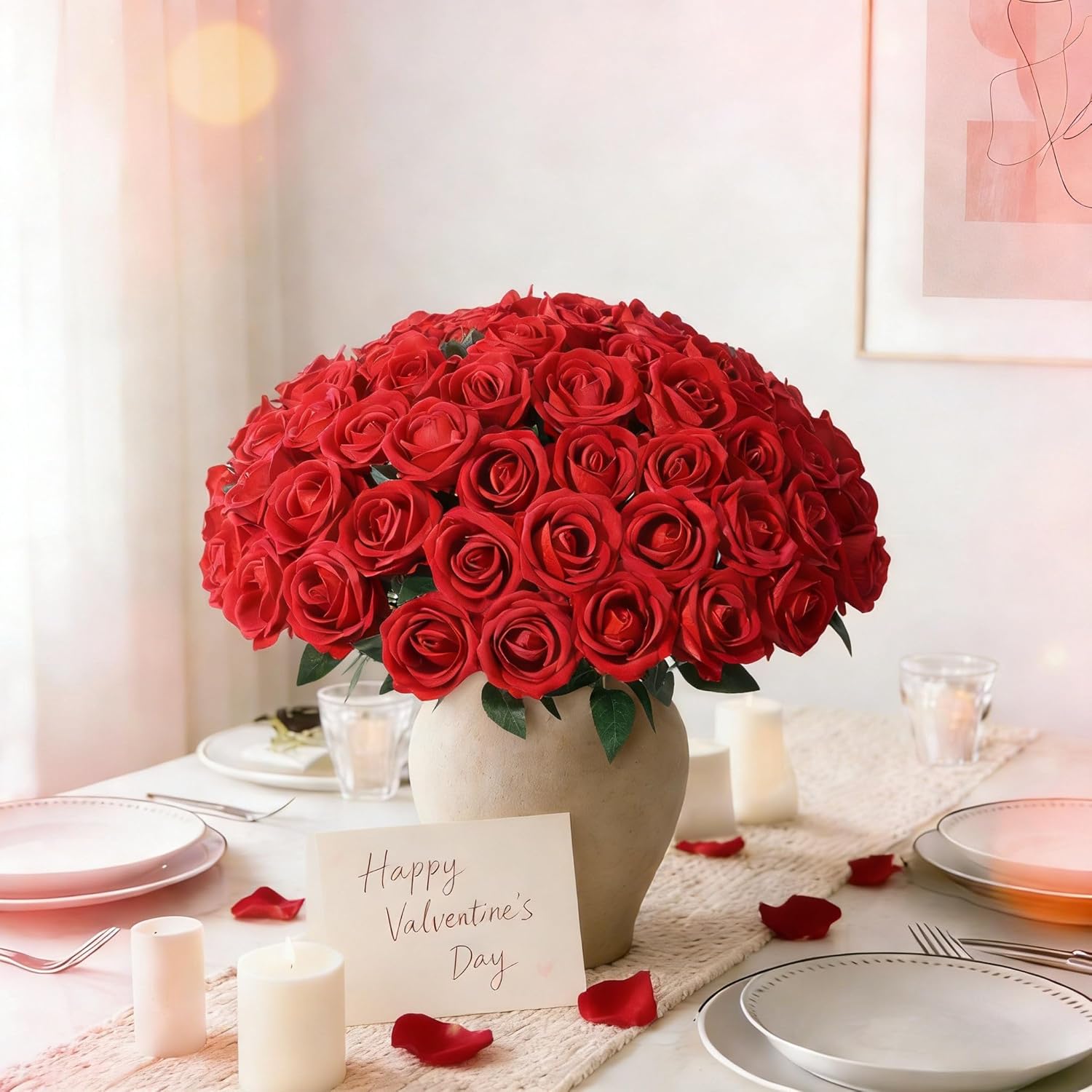 Set of 50 red artificial roses with long stems, realistic-looking fake flowers by INSPRING for floral decoration or crafts.