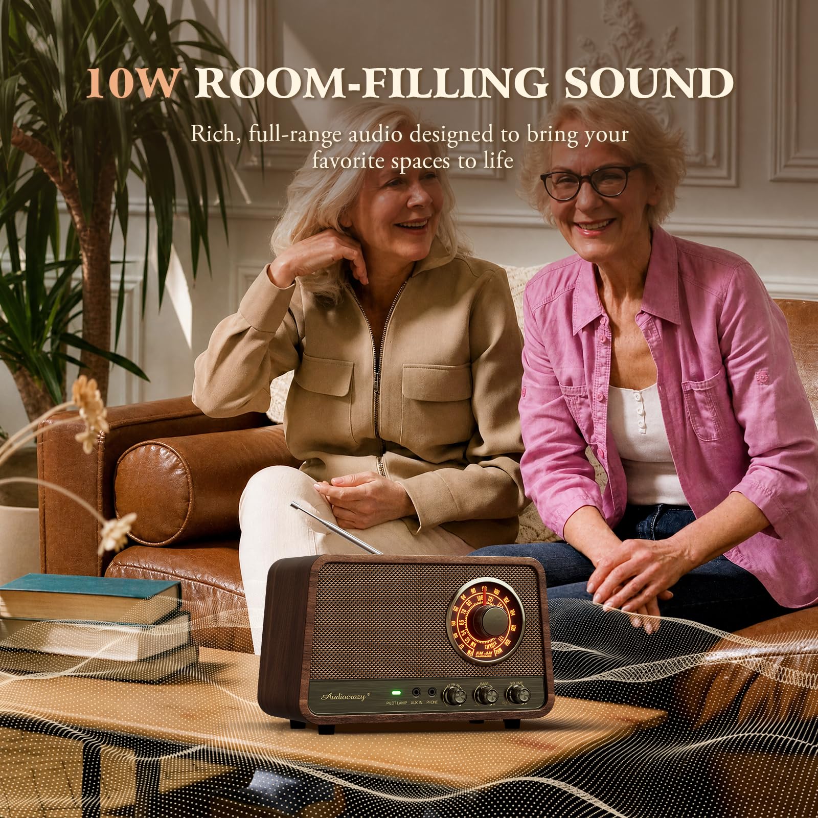 Audiocrazy Vintage Wood AM FM Bluetooth Radio, 10W Espresso