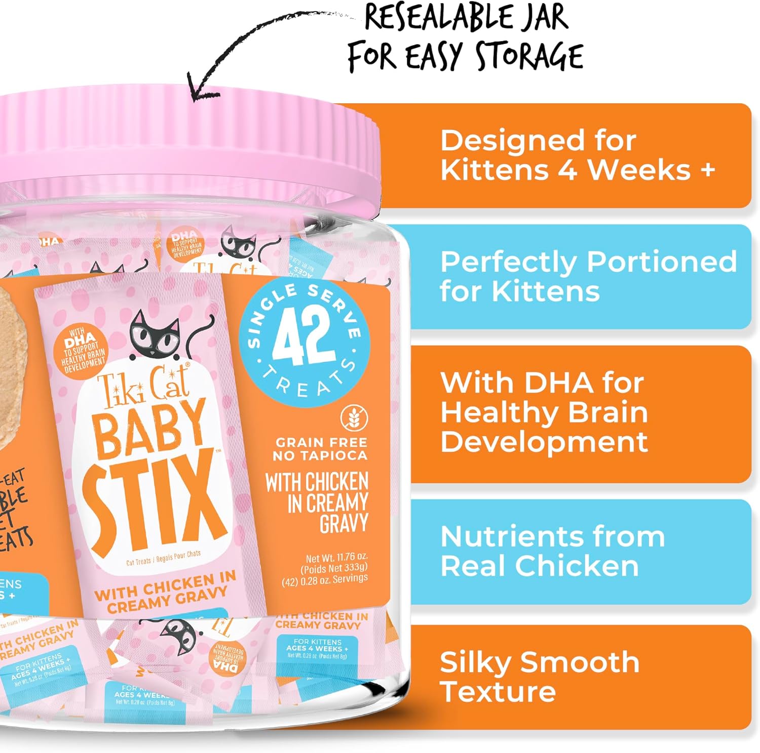 Tiki Cat Baby Stix wet cat treats in chicken flavor with creamy gravy, 0.28 oz sachets displayed in a jar.