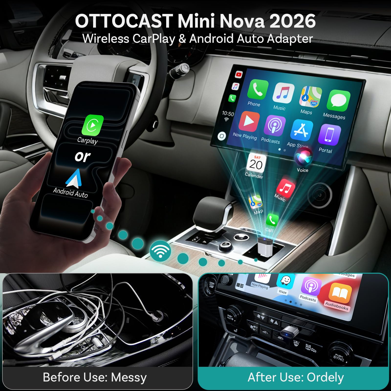 OTTOCAST Mini Nova 2-in-1 Wireless CarPlay & Android Auto Adapter by OTTOCAST - Angle View 2