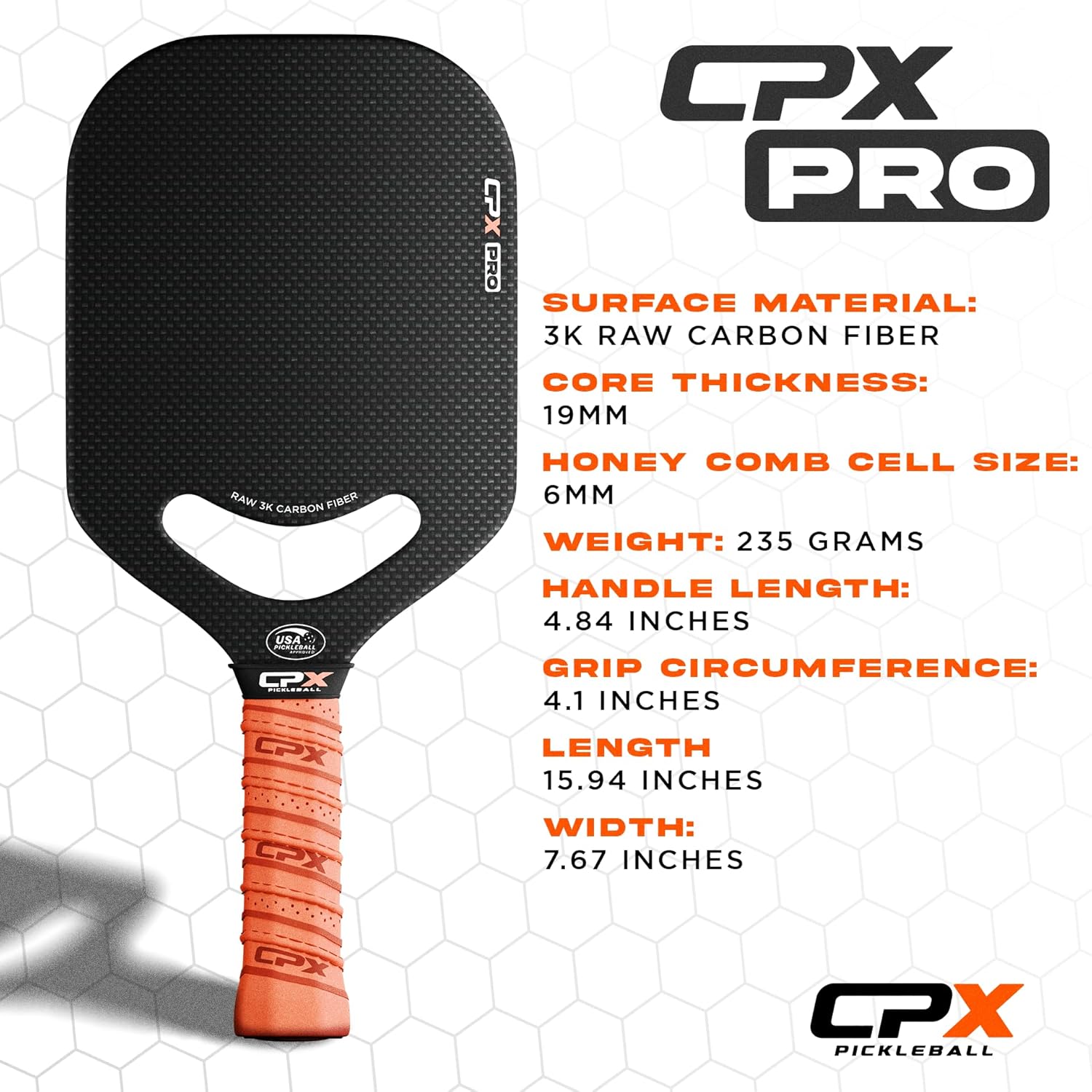 CPX Pro Carbon Fiber Pickleball Paddle with honeycomb design and matte finish, professional-grade for serious players.