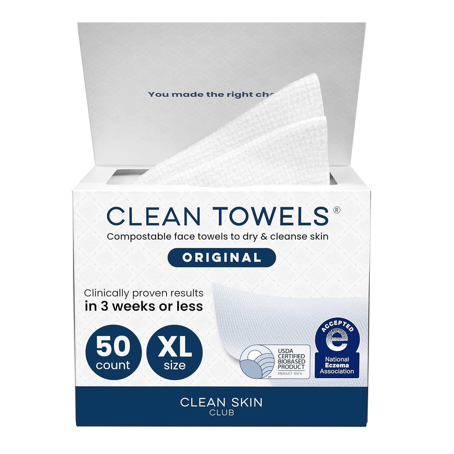 Clean Skin Club Clean Towels XL®, 100% USDA Biobased Face Towel, Disposable Face Towelette, Ecze