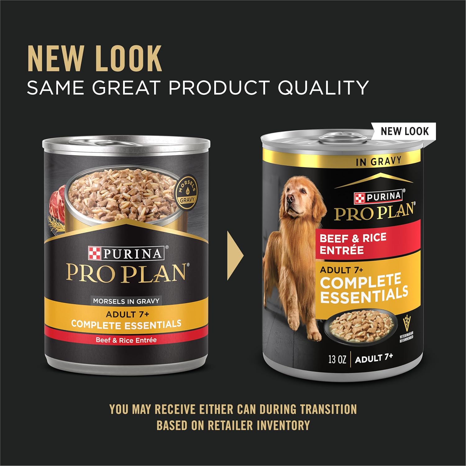 Elefair Purina Pro Plan Adult 7 Plus Beef and Rice senior wet dog food cans, 13 oz, in gravy, pack of 12