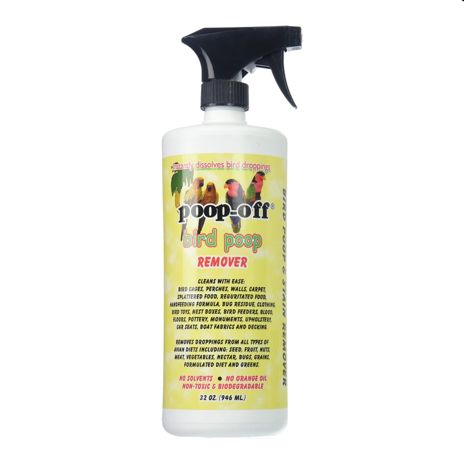 Poop-Off Bird Poop Remover Sprayer 32 oz bottle with nozzle for cleaning bird droppings from surfaces.