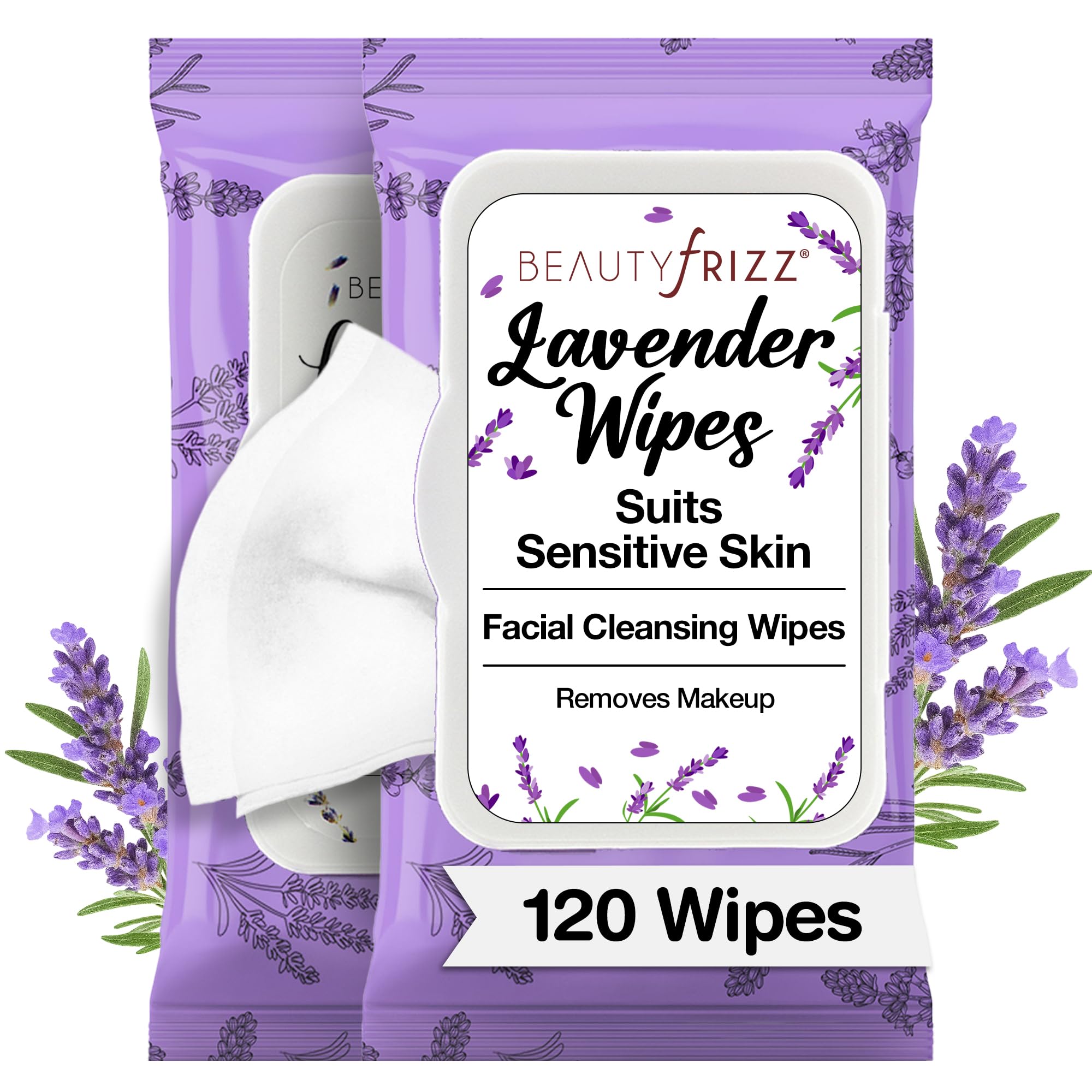 BeautyFrizz Lavender Face Wipes - No Rinse Makeup Remover - - Product Imagery