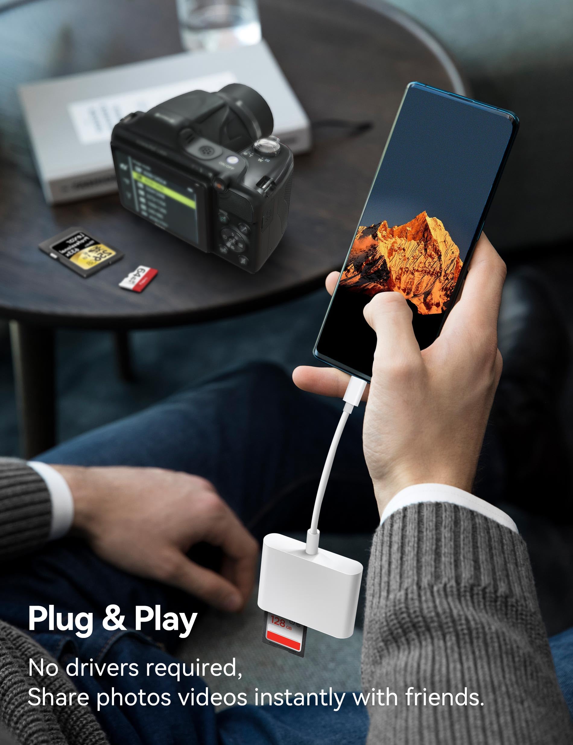 BnmxTek USB C to SD card reader with SD and MicroSD ports, compatible with iPhone, iPad, MacBook, Android, and USB-C devices.