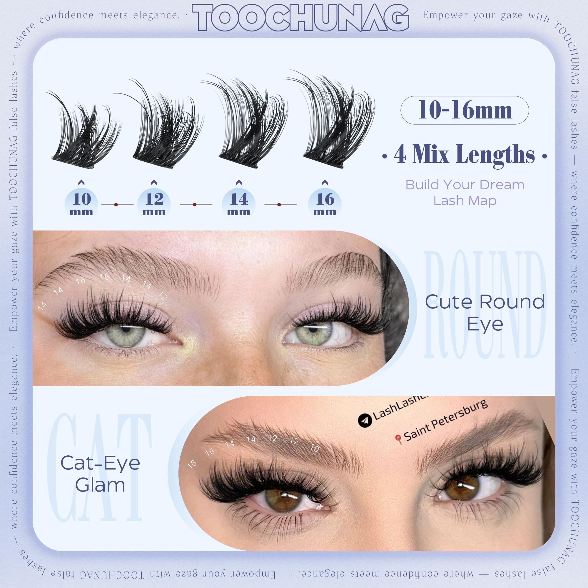 TOOCHUNAG Fluffy Wispy Lash Clusters D Curl false eyelashes in mixed 10-16mm length, showcasing layered, natural-looking lash clusters.
