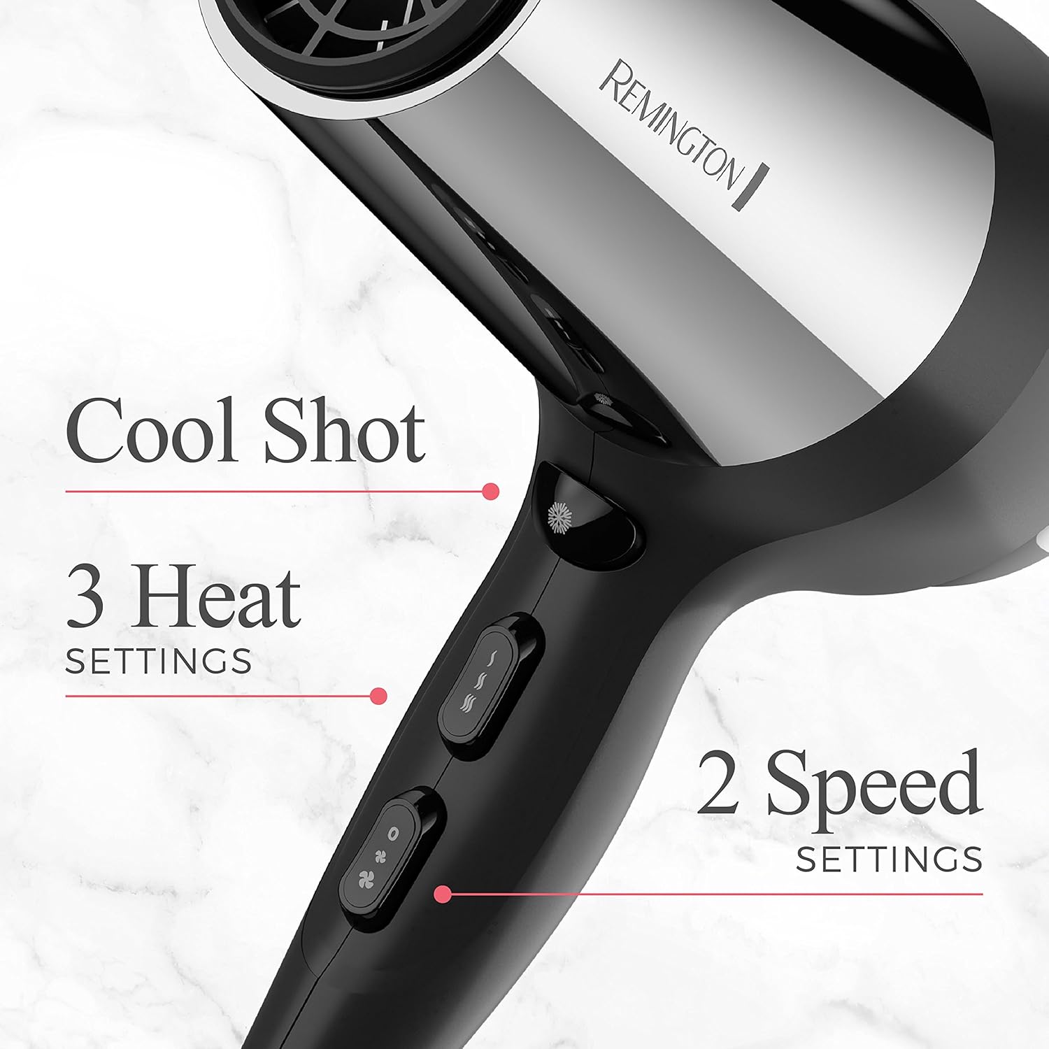 Remington 1875-watt impact-resistant hair dryer with a black and silver design, featuring a concentrator nozzle and ergonomic handle