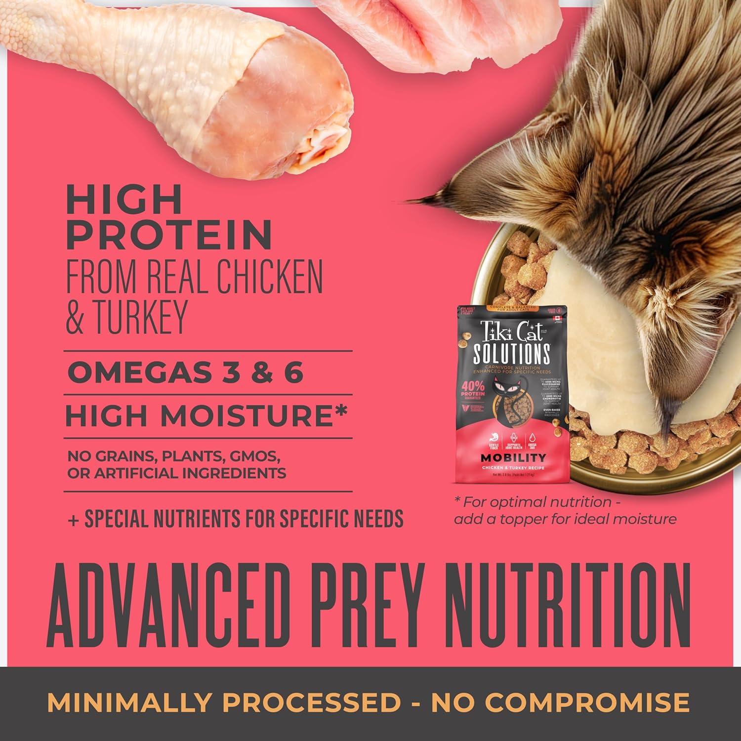 Tiki Cat Solutions dry cat food bag featuring chicken and turkey flavor, designed to support feline mobility, 2.8 lbs.