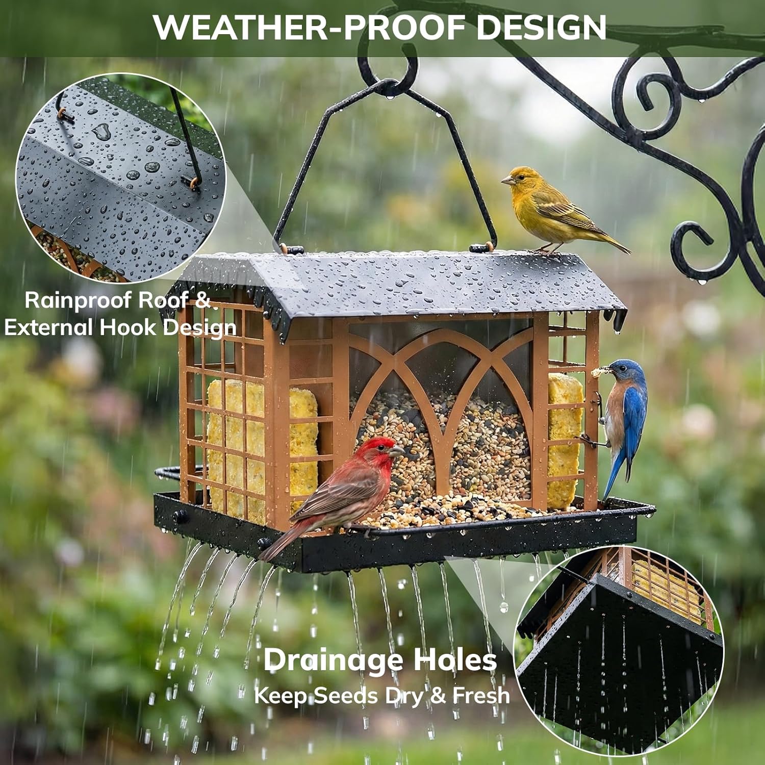 Grete Gotye outdoor hanging metal bird feeder with double suet cages for attracting various wild birds