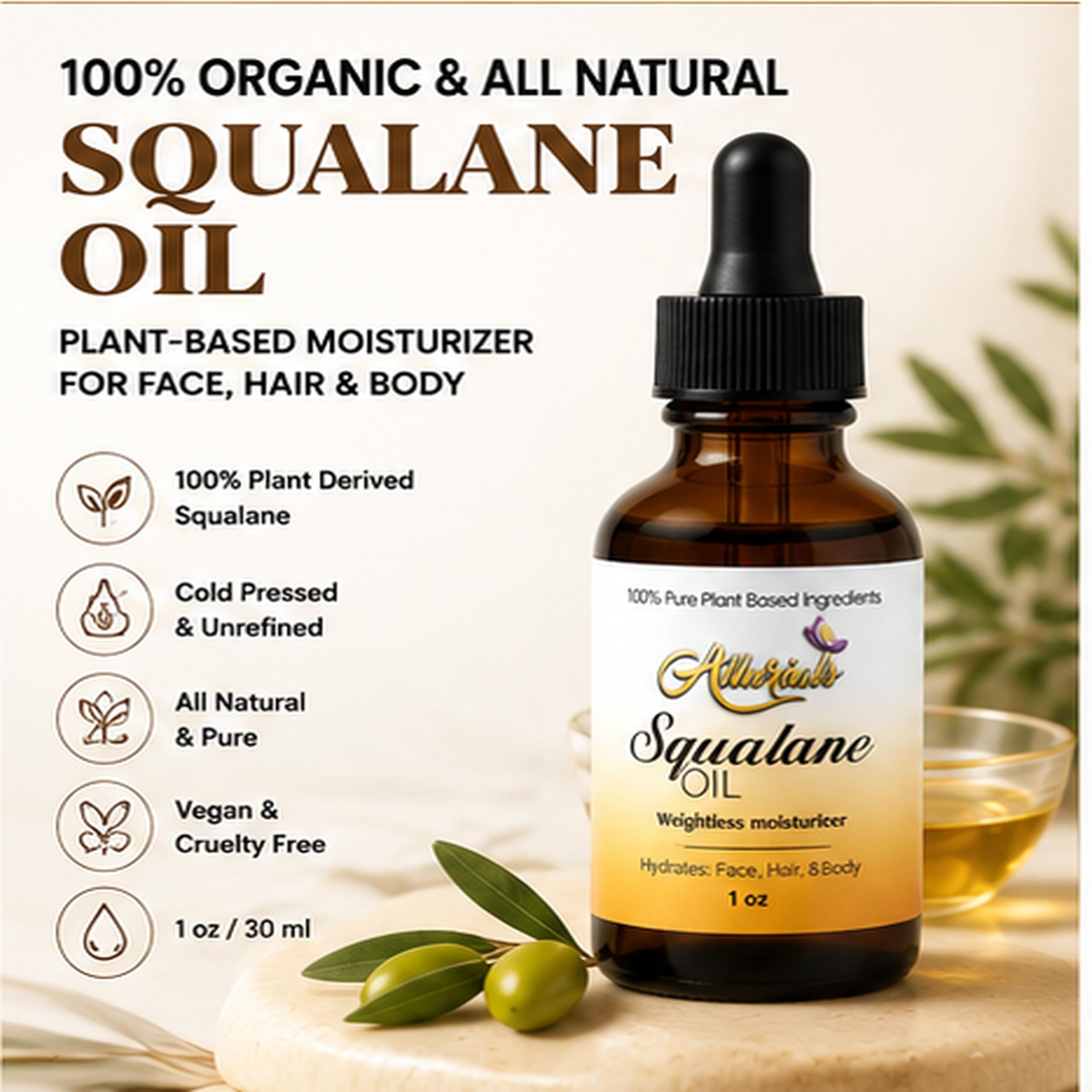 Allurials 100% Organic & All Natural Plant - Based Squalane Oil for Face & Hair & & - Allurials Official Product View 5