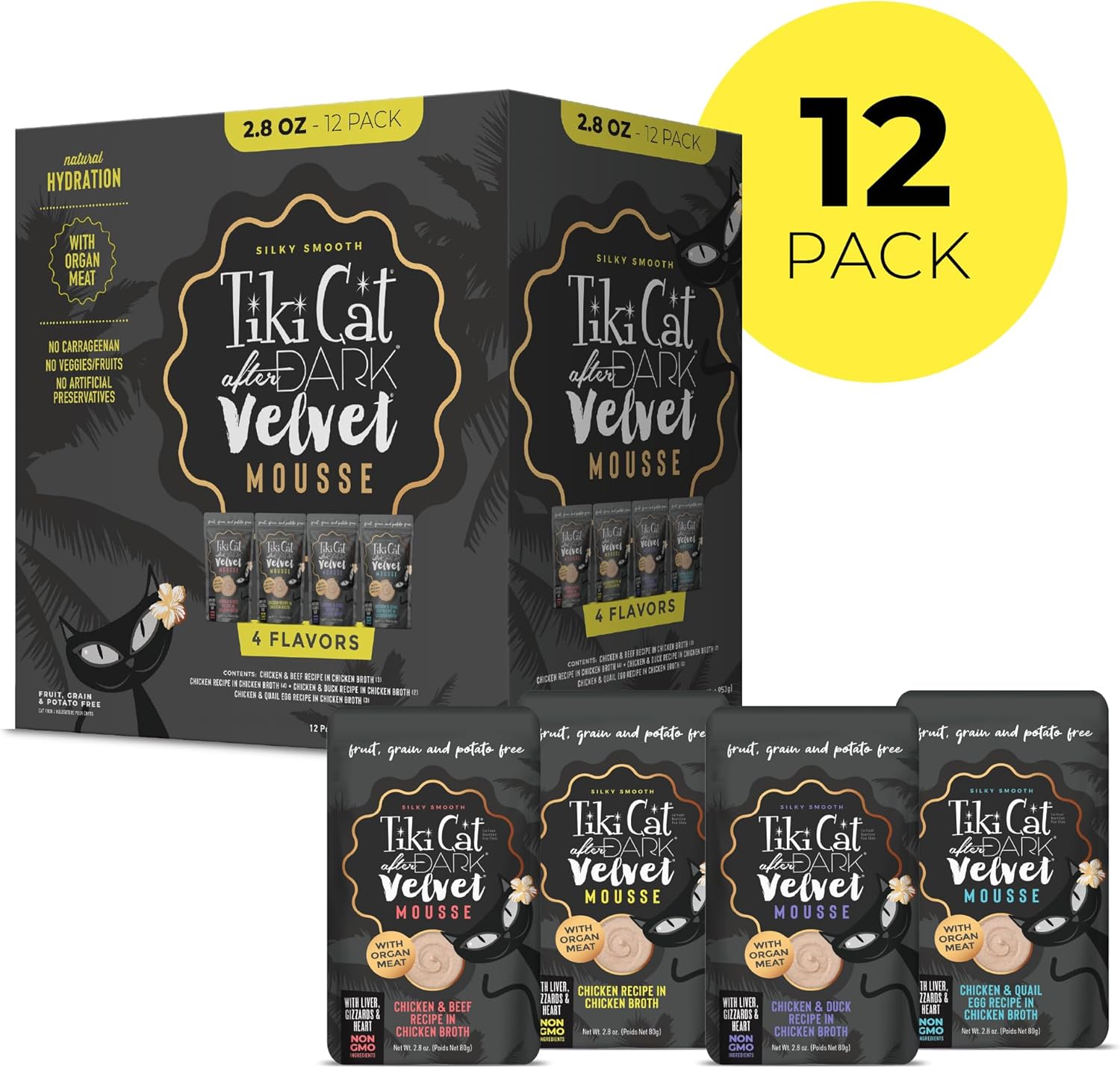 Tiki Cat After Dark Velvet Mousse variety pack with 12 grain and potato-free cat food pouches in sleek packaging.